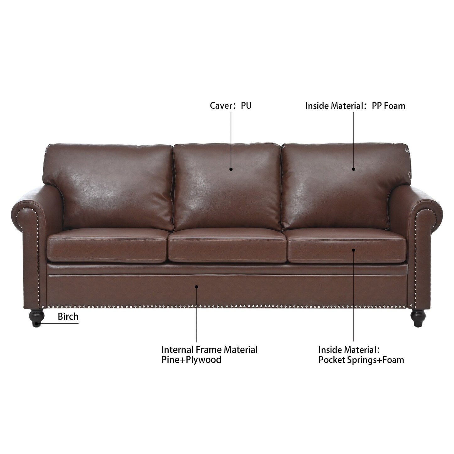 83.86 Fabric Roll-Arm 3-Seater Sofa with Pocket Spring Seat, PP Foam Backrest, and Solid Wood Frame