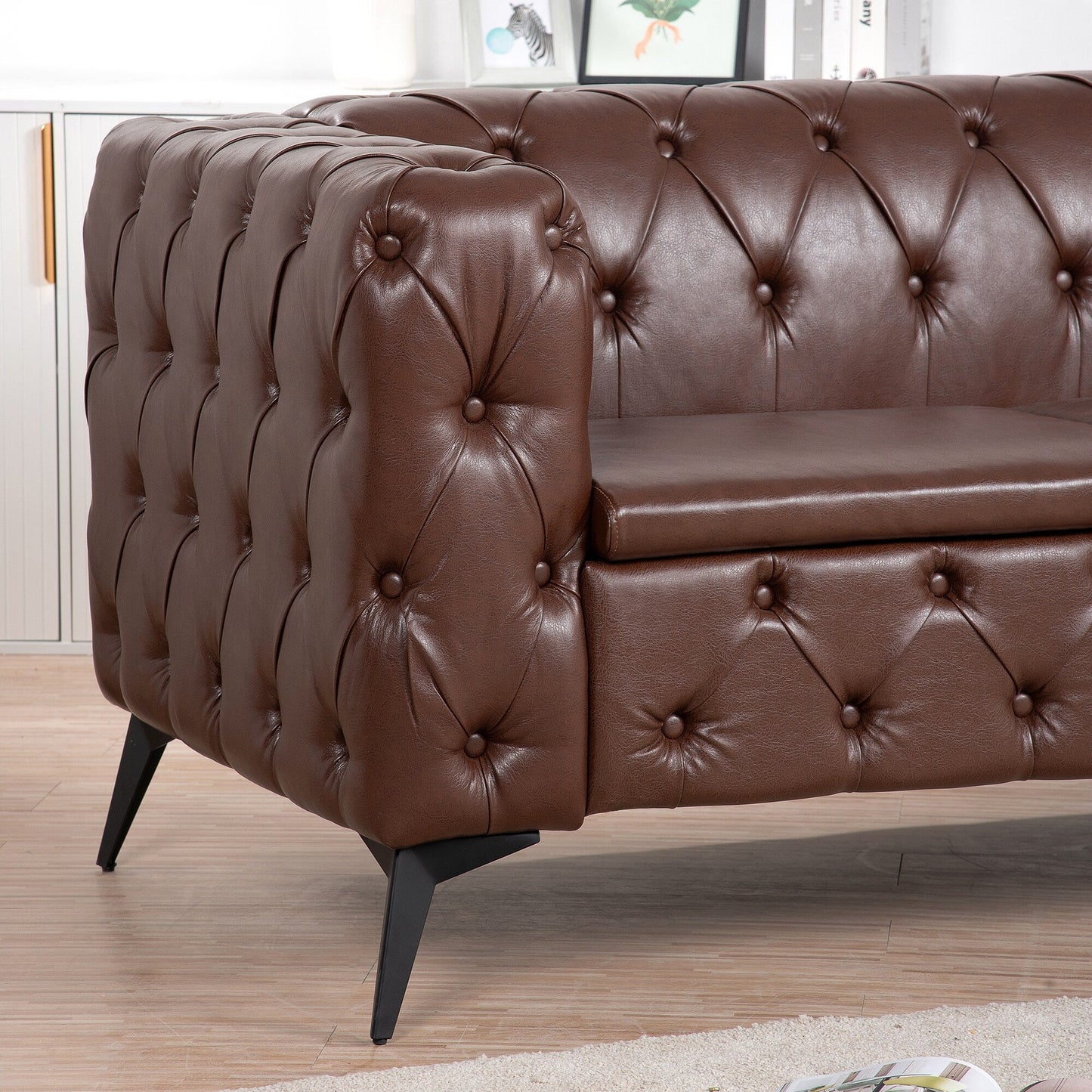 84.06 PU Traditional Square Arm 3-Seater Sofa with Removable Cushions, Pocket Spring Seat, and Iron Sled Base