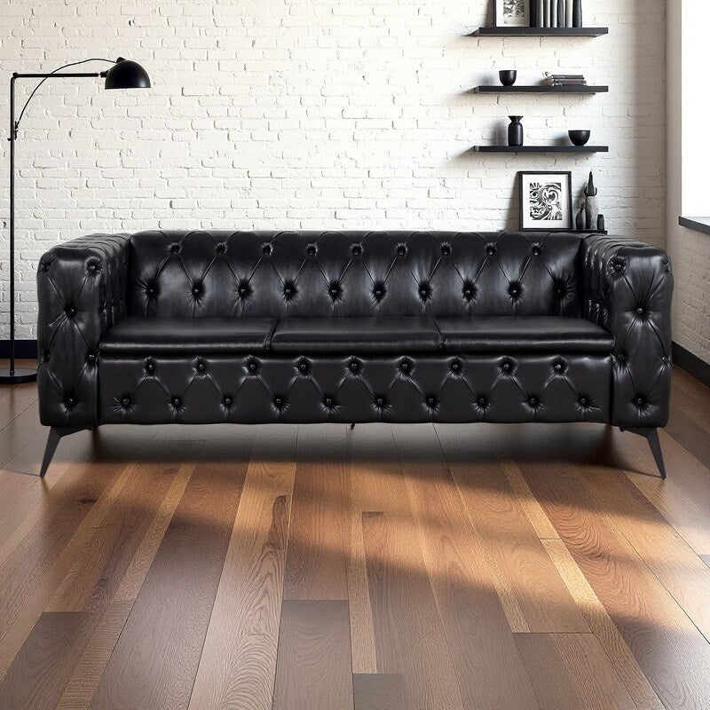 84.06 PU Traditional Square Arm 3-Seater Sofa with Removable Cushions, Pocket Spring Seat, and Iron Sled Base
