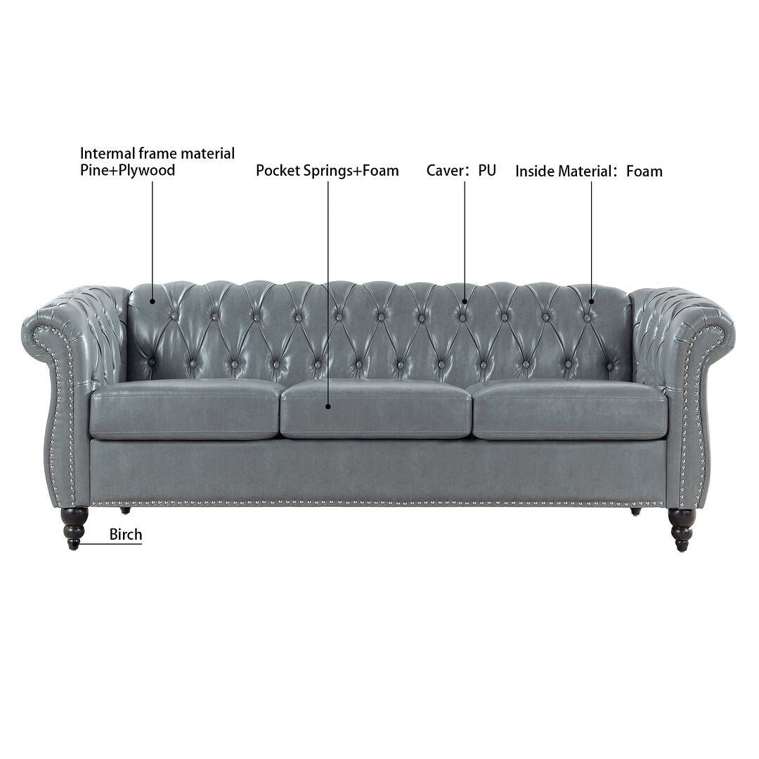 84.65 Chesterfield Tufted Faux Leather Sofa with Rolled Arms