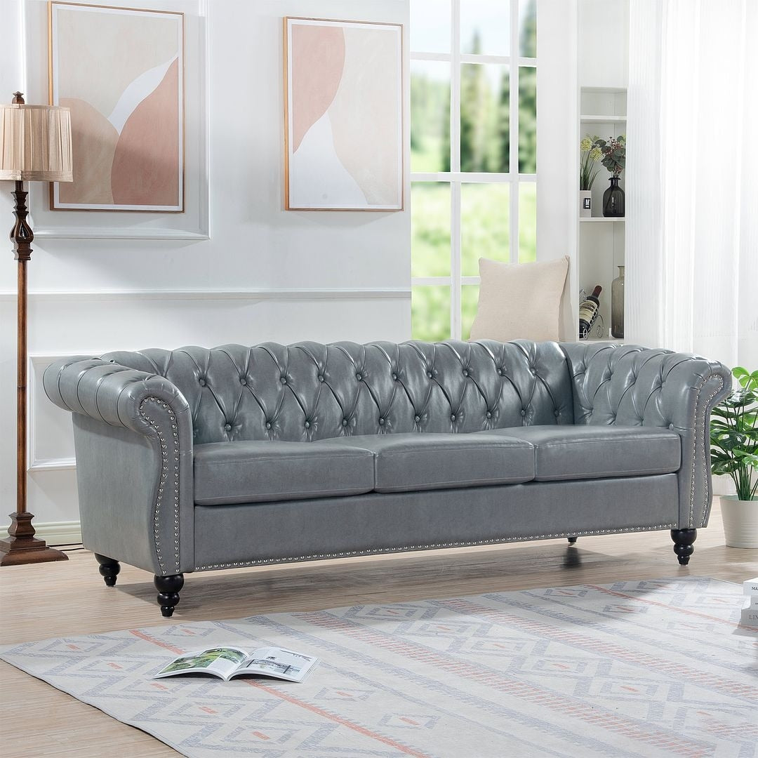 84.65 Chesterfield Tufted Faux Leather Sofa with Rolled Arms