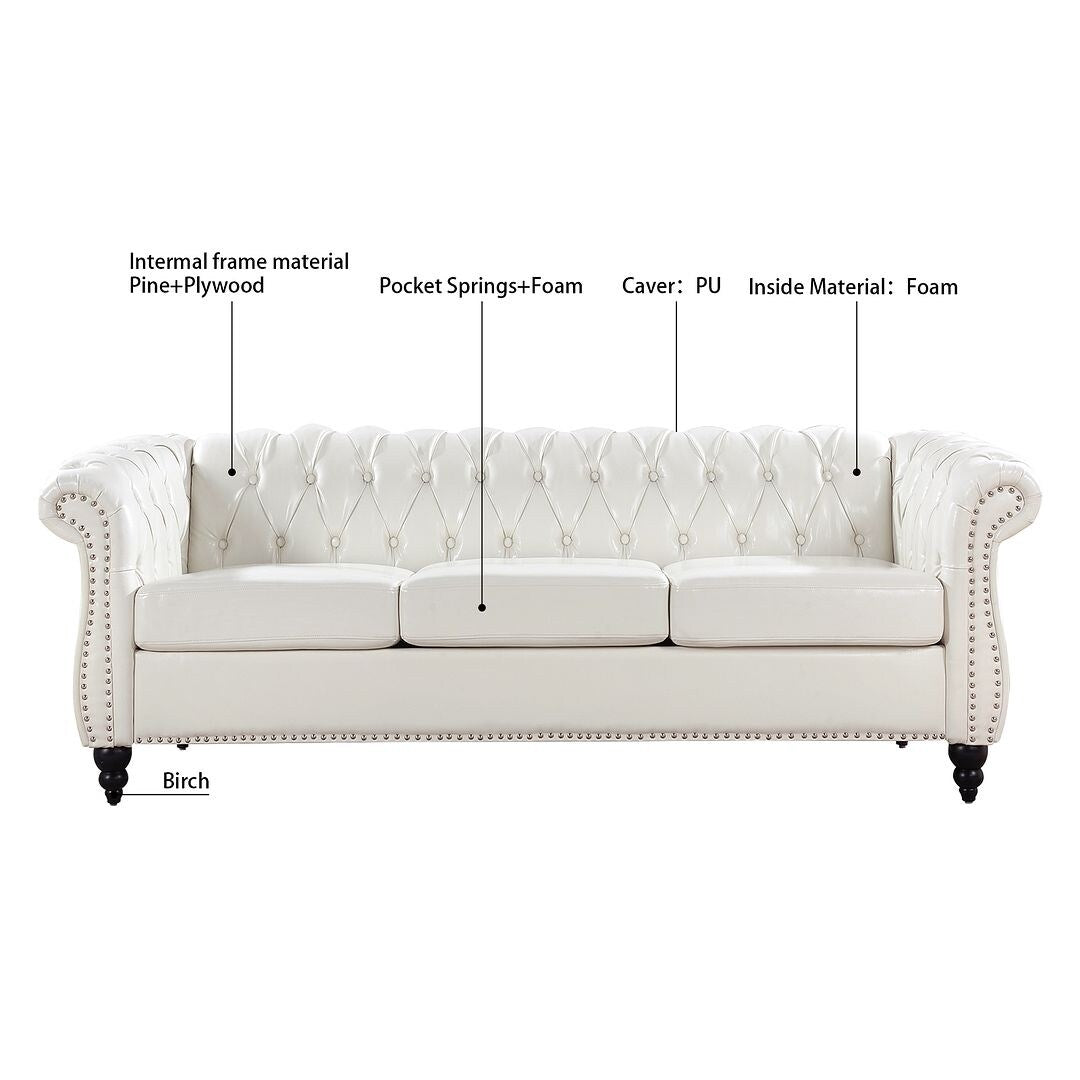 84.65 Chesterfield Tufted Faux Leather Sofa with Rolled Arms