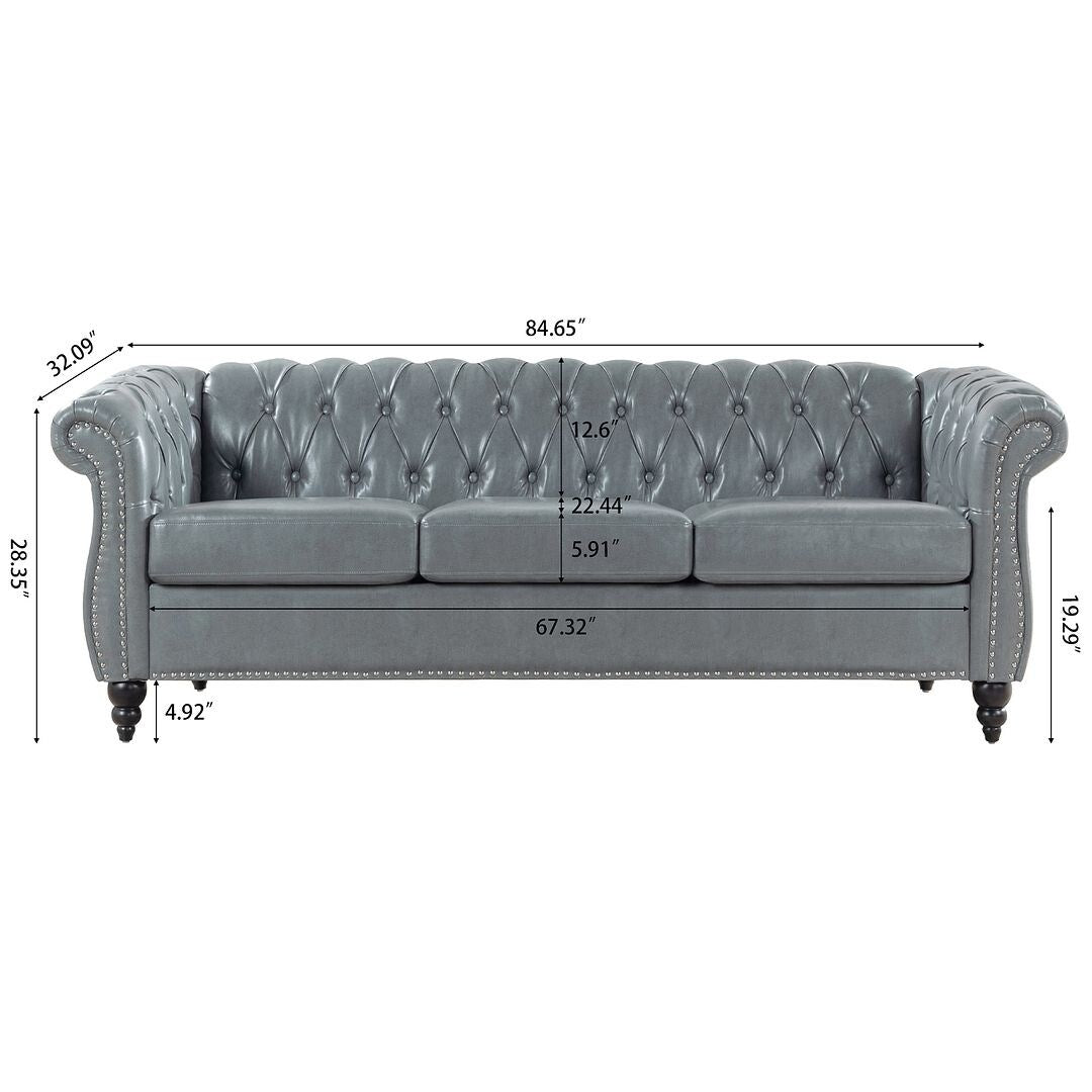 84.65 Chesterfield Tufted Faux Leather Sofa with Rolled Arms