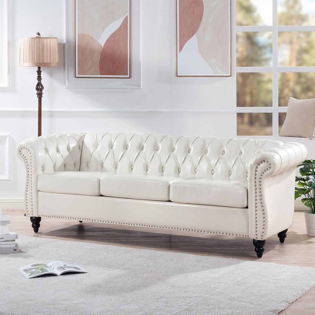 84.65 Chesterfield Tufted Faux Leather Sofa with Rolled Arms