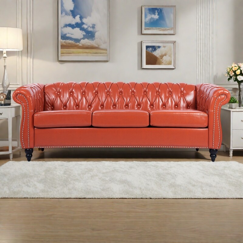 84.65 PU Leather Chesterfield Sofa with Rolled Arms (3-Seater)