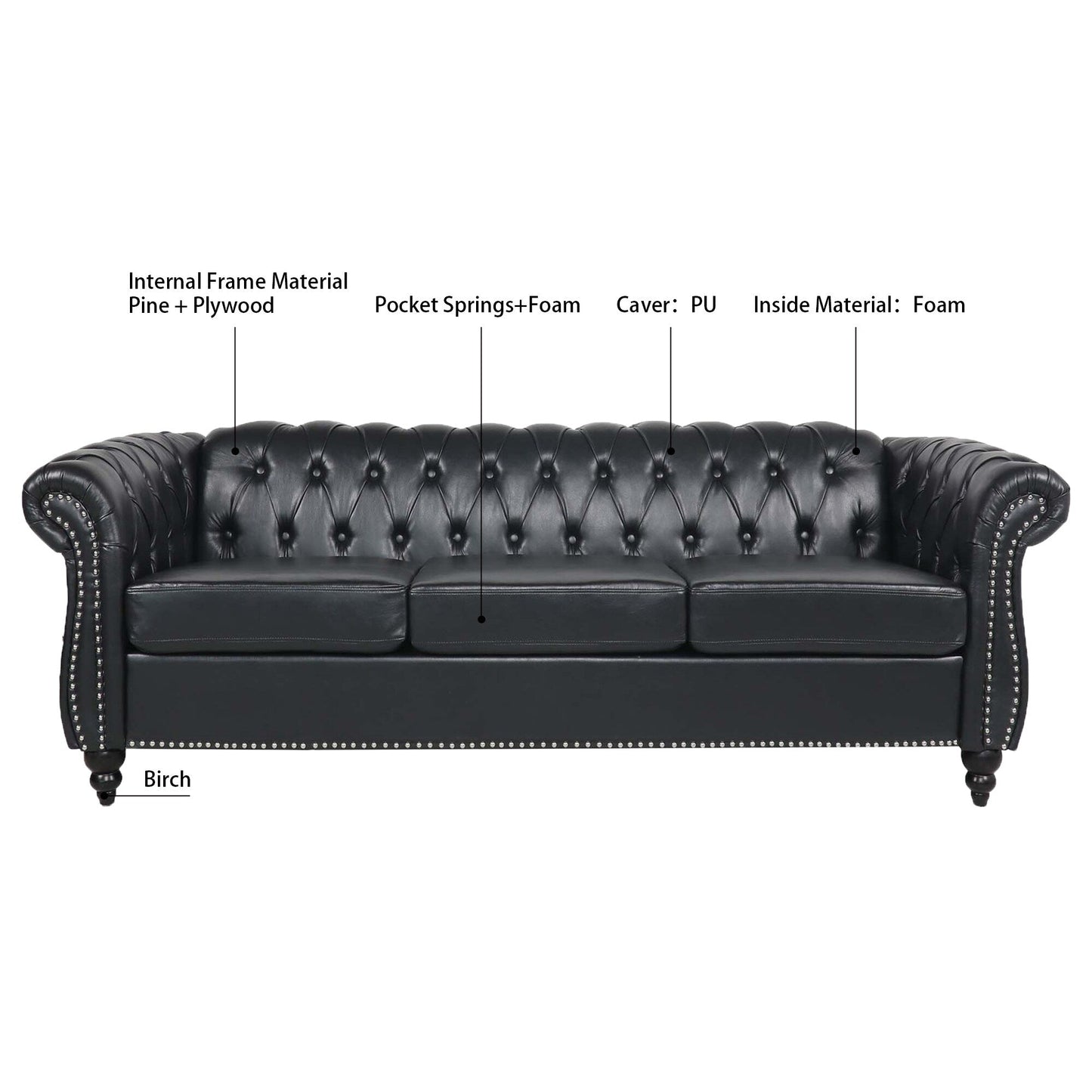 84.65 PU Leather Chesterfield Sofa with Rolled Arms (3-Seater)