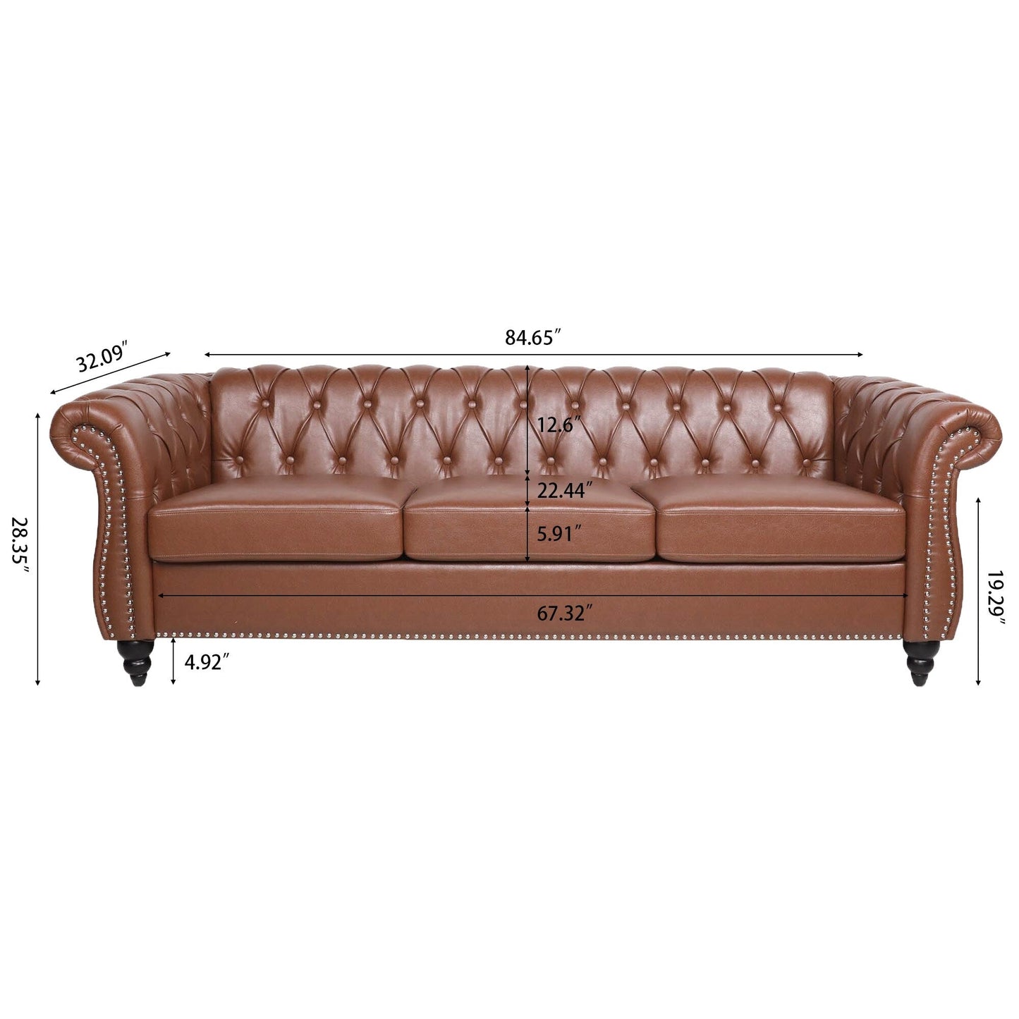 84.65 PU Leather Chesterfield Sofa with Rolled Arms (3-Seater)
