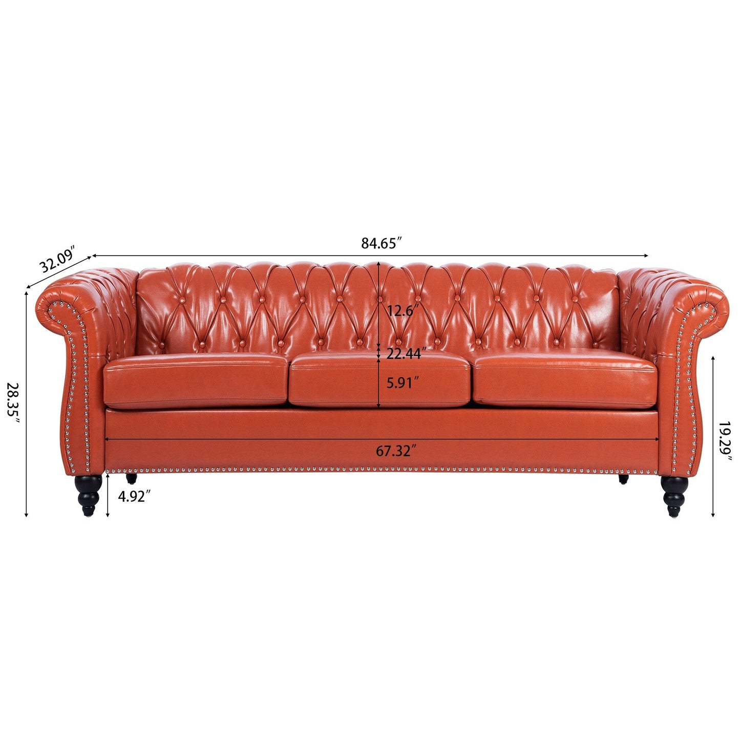 84.65 PU Leather Chesterfield Sofa with Rolled Arms (3-Seater)