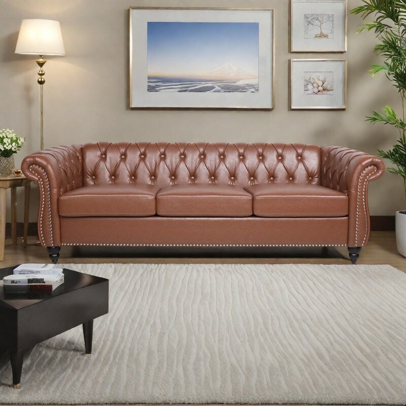 84.65 PU Leather Chesterfield Sofa with Rolled Arms (3-Seater)