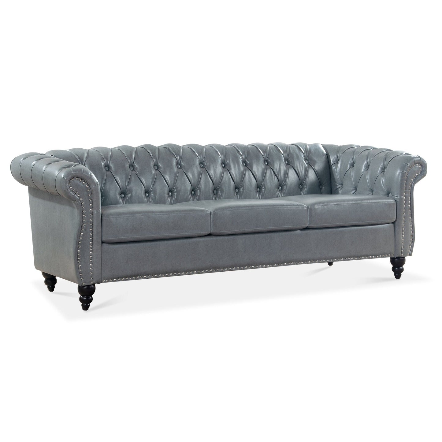 84.65 PU Leather Chesterfield Sofa with Rolled Arms (3-Seater)
