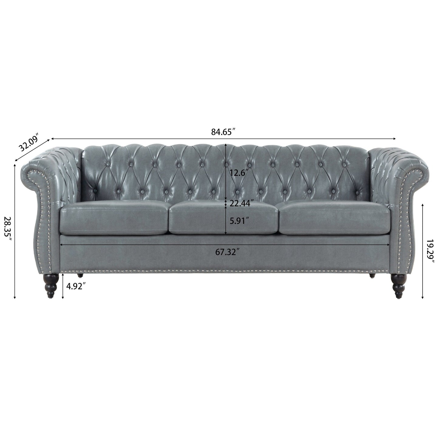 84.65 PU Leather Chesterfield Sofa with Rolled Arms (3-Seater)
