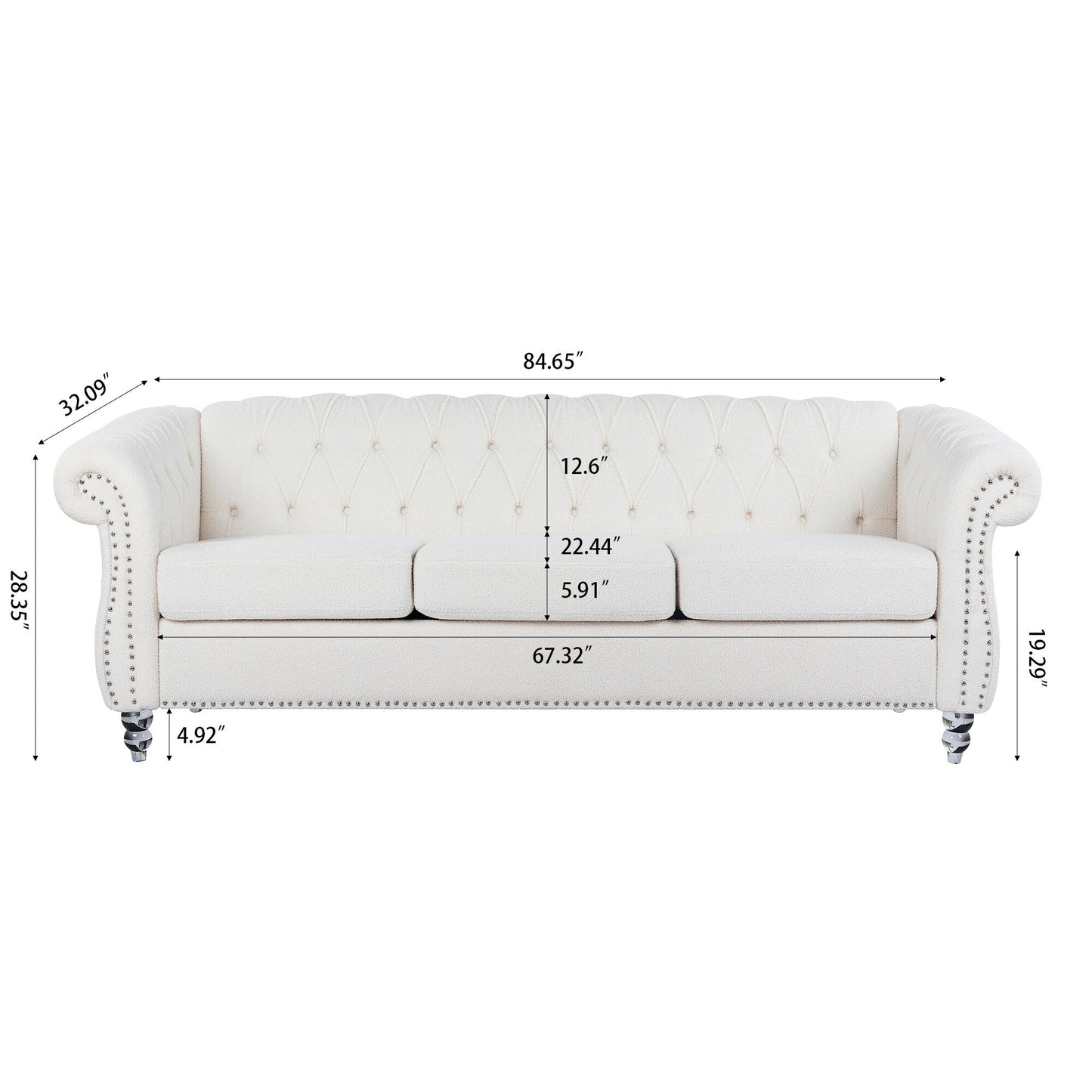84.65 Polyester Chesterfield Sofa with Rolled Arms (3-Seater)