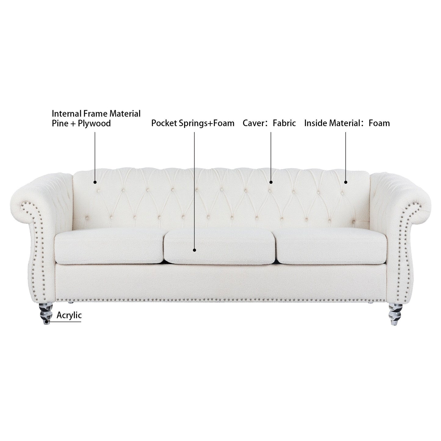 84.65 Polyester Chesterfield Sofa with Rolled Arms (3-Seater)