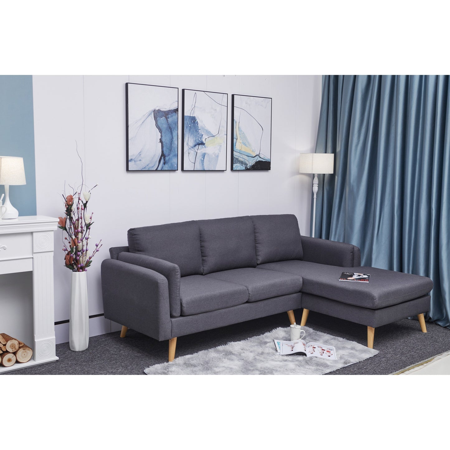 84.6'' Linen L-Shaped 3 Seater Sofa with Reversible Chaise, Independent Spring Cushions, Solid Wood Frame, Double Armrests
