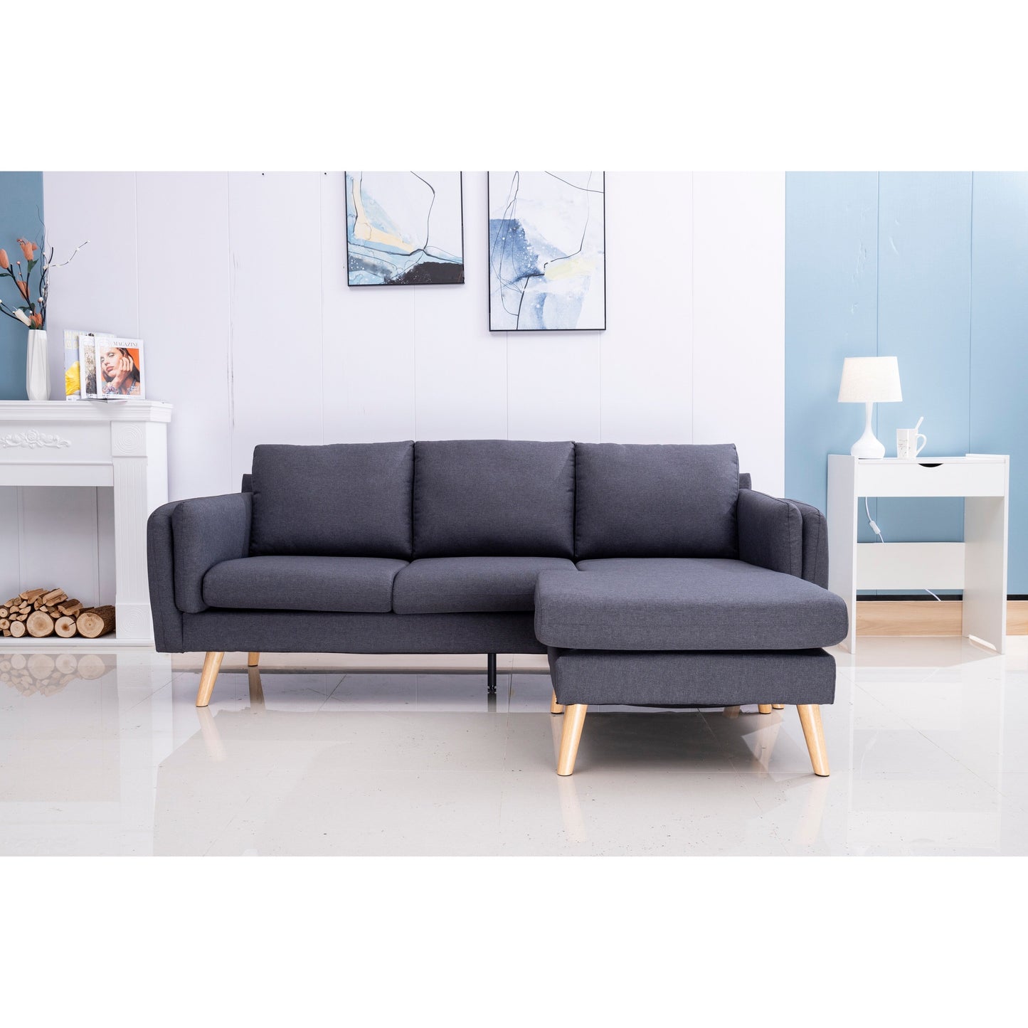 84.6'' Linen L-Shaped 3 Seater Sofa with Reversible Chaise, Independent Spring Cushions, Solid Wood Frame, Double Armrests