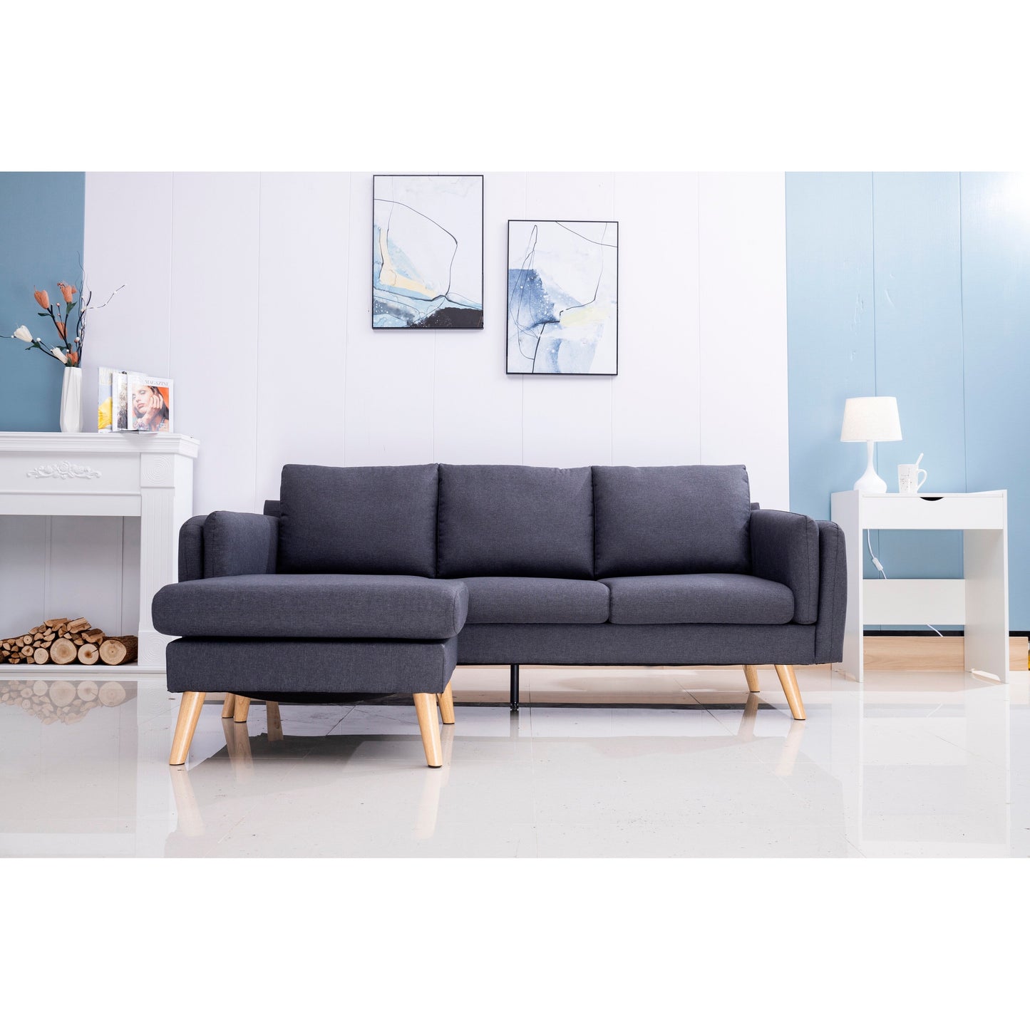 84.6'' Linen L-Shaped 3 Seater Sofa with Reversible Chaise, Independent Spring Cushions, Solid Wood Frame, Double Armrests