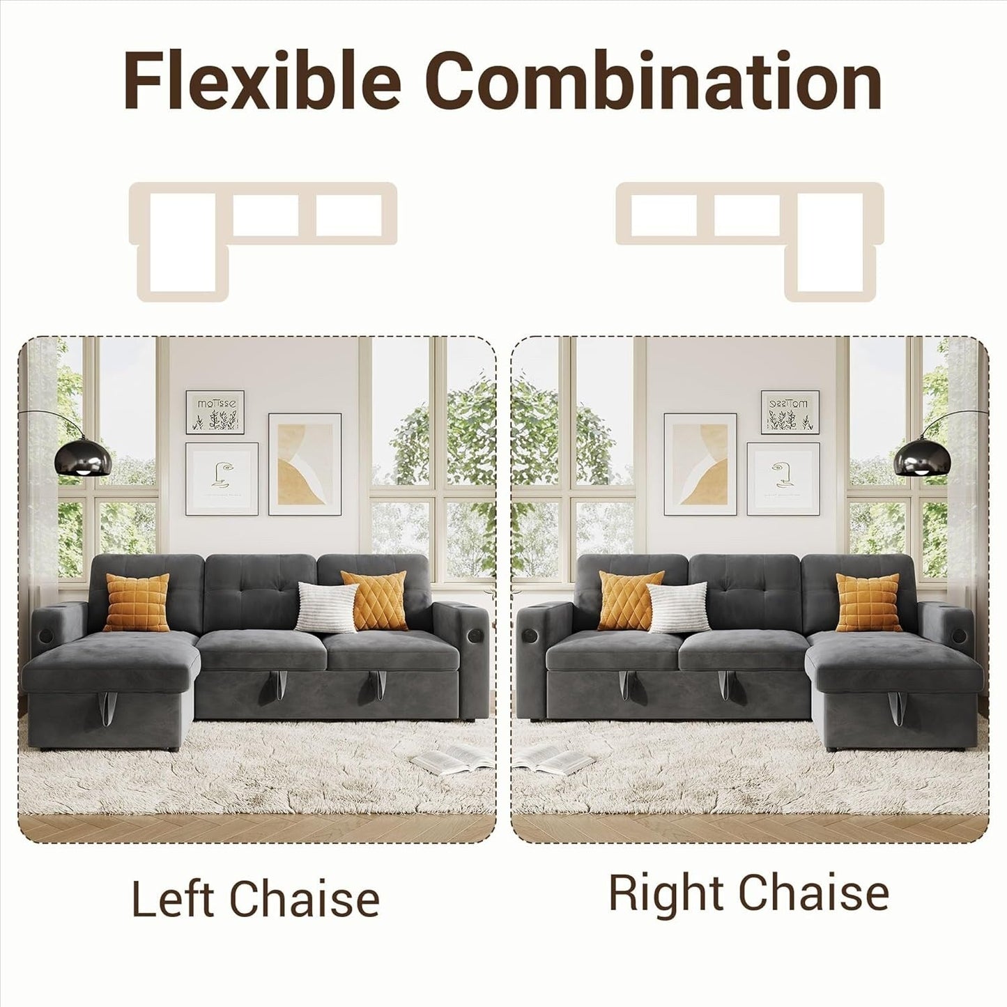 84 Sleeper Sofa Bed, Modular Sectional Cloud Couch with Reversible Storage Model