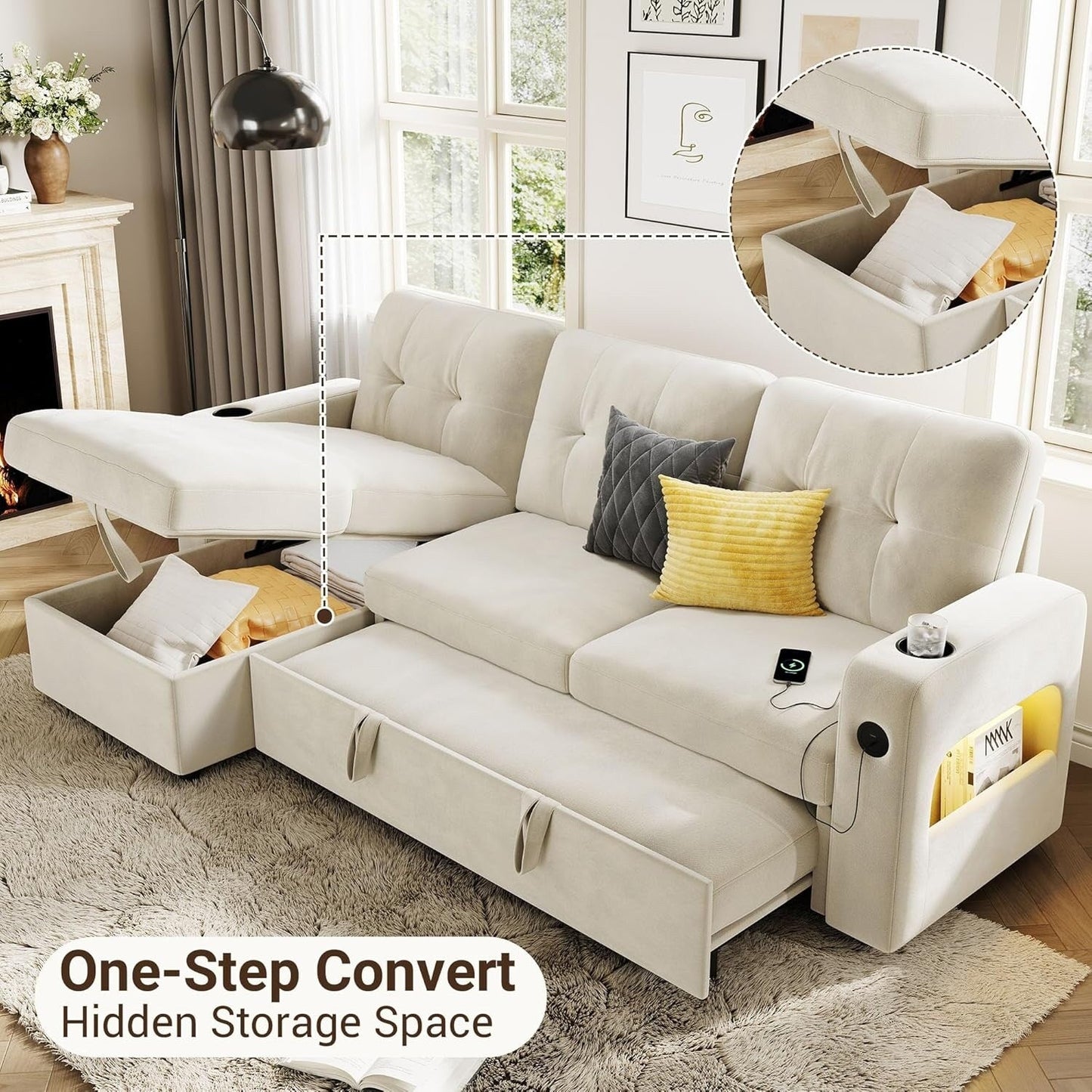 84 Sleeper Sofa Bed, Modular Sectional Cloud Couch with Reversible Storage Model