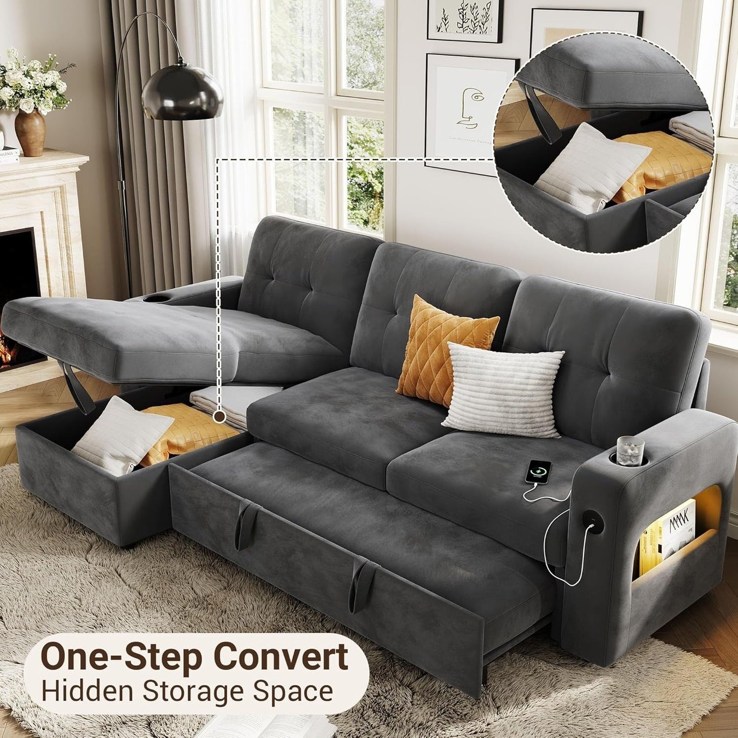 84 Sleeper Sofa Bed, Modular Sectional Cloud Couch with Reversible Storage Model