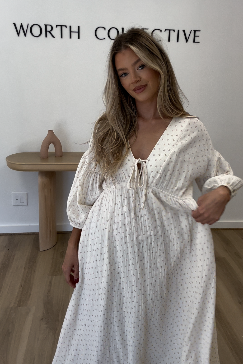 Hunter 100% Cotton Gauze Midi Dress in Natural/Brown Floral Bump Friendly (Fully Lined)