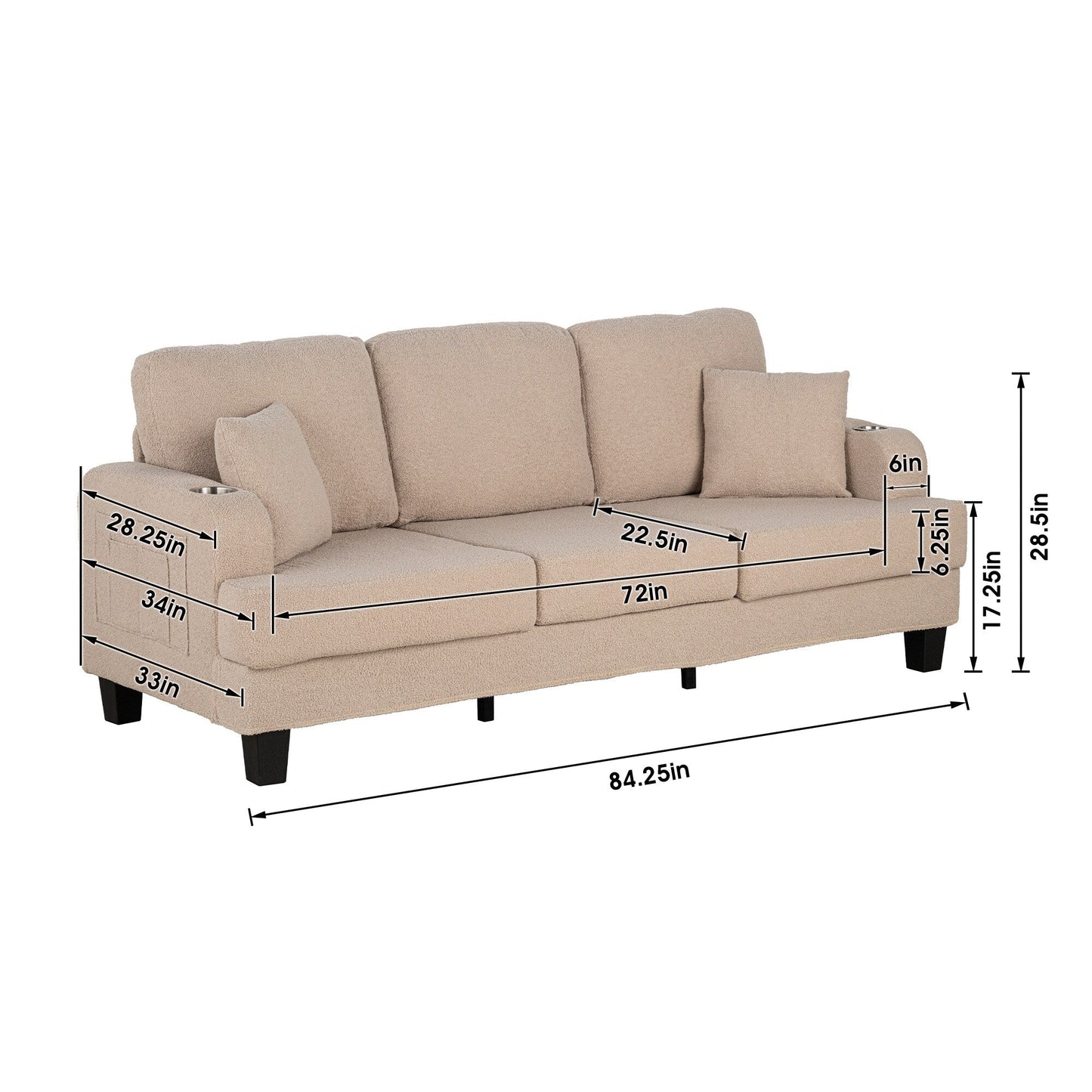 85 Modern Beige Corduroy 3-seater Sofa with USB and 2 Pillows