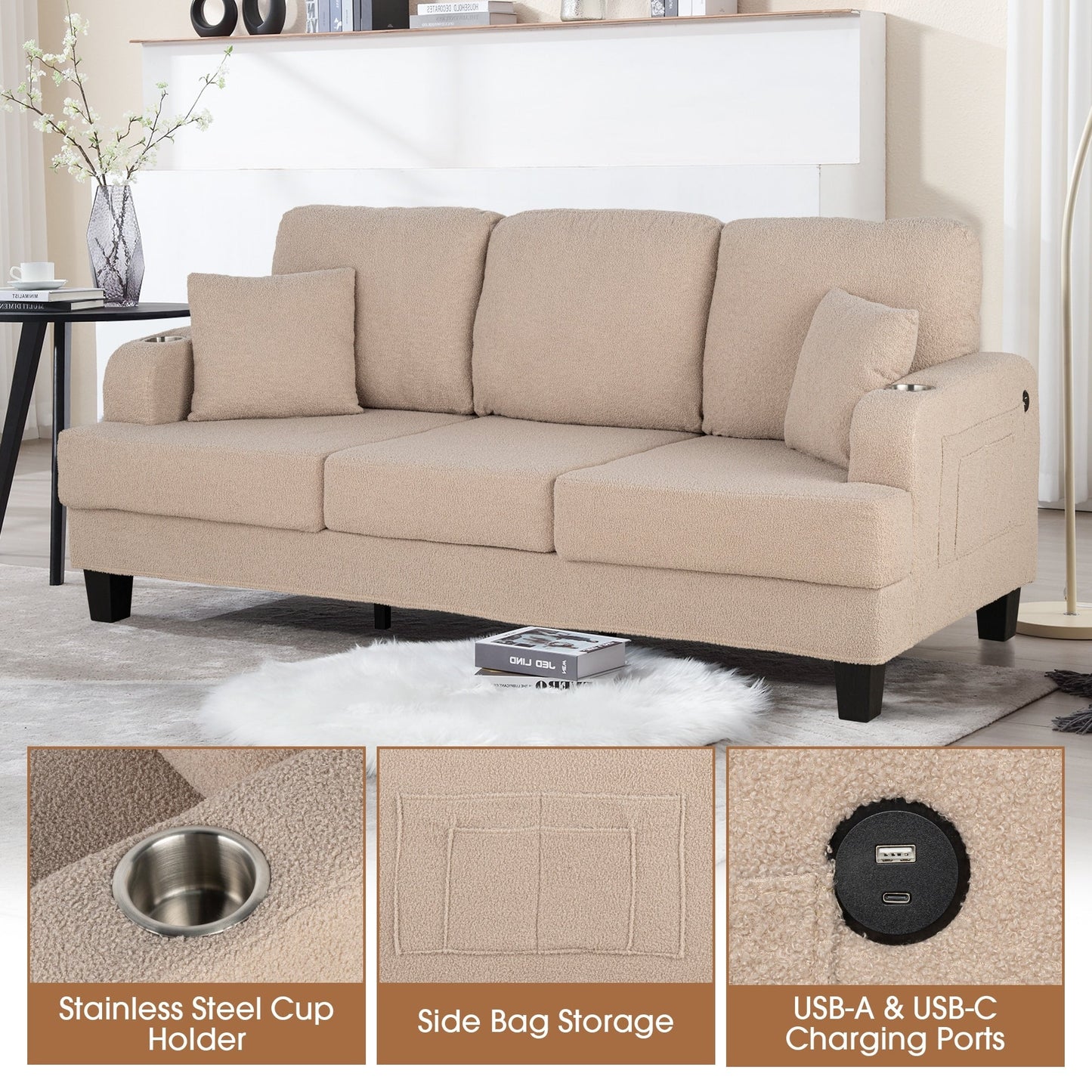85 Modern Beige Corduroy 3-seater Sofa with USB and 2 Pillows