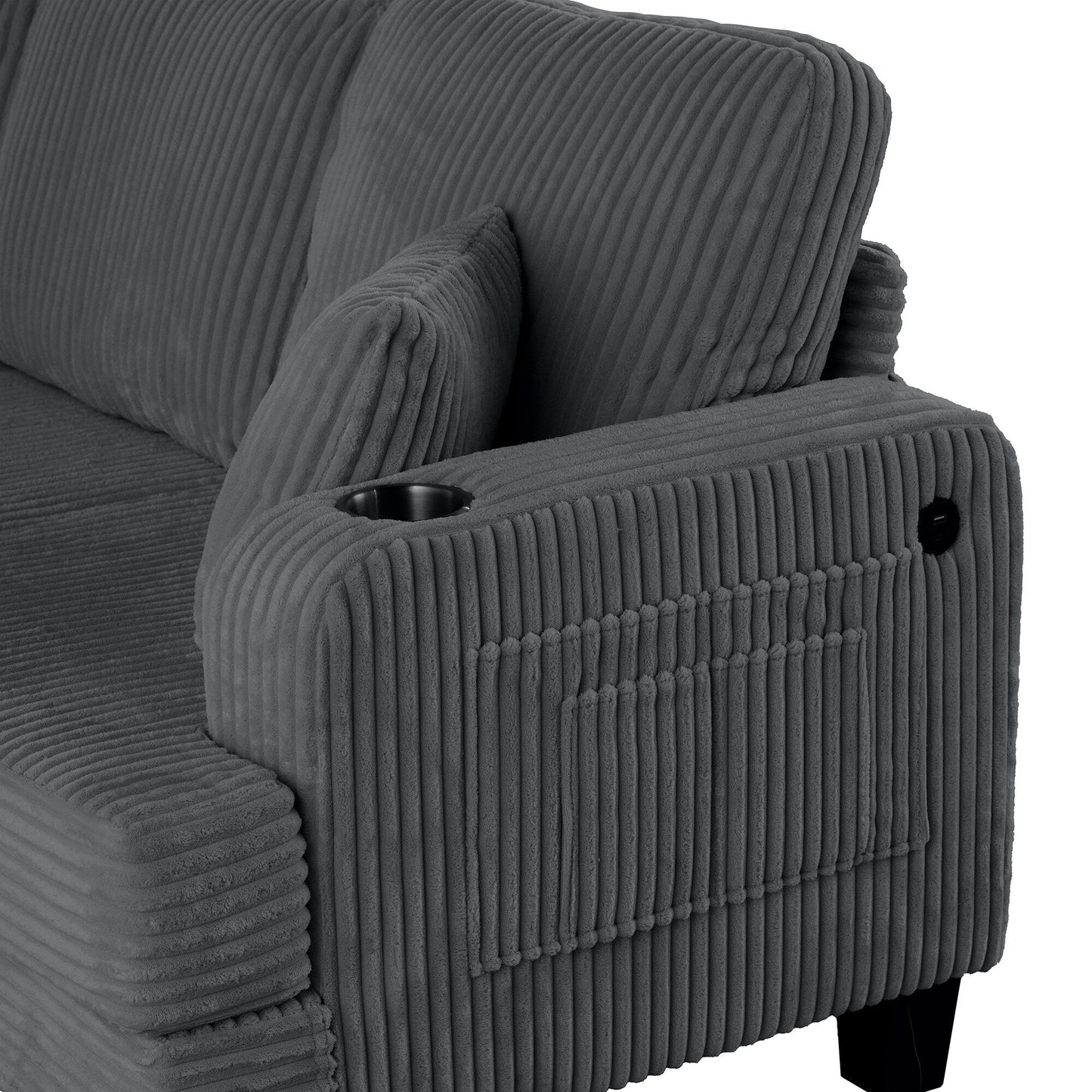 85 Modern Corduroy Rectangle 3-seater Sofa with USB and 2 Pillows