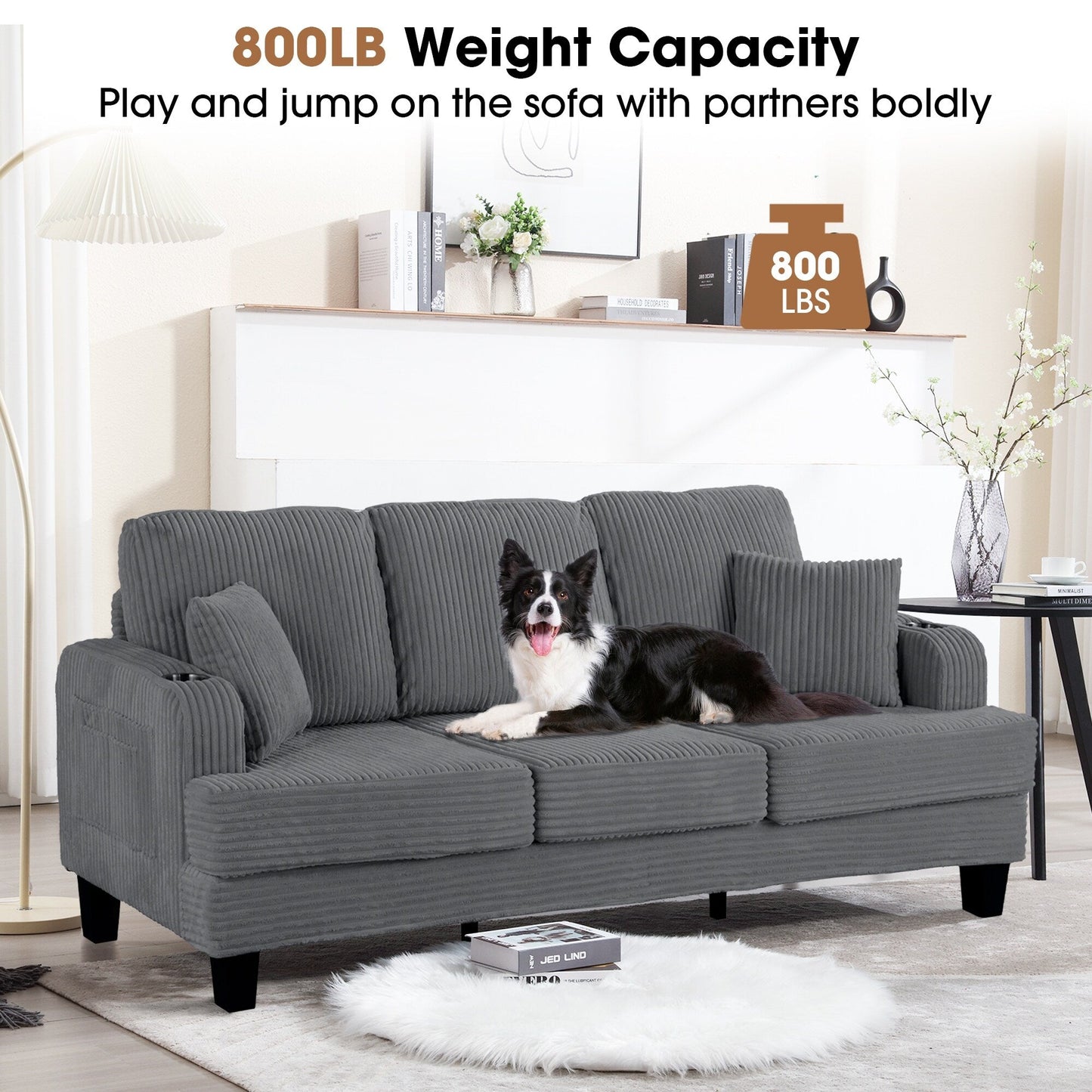 85 Modern Corduroy Rectangle 3-seater Sofa with USB and 2 Pillows