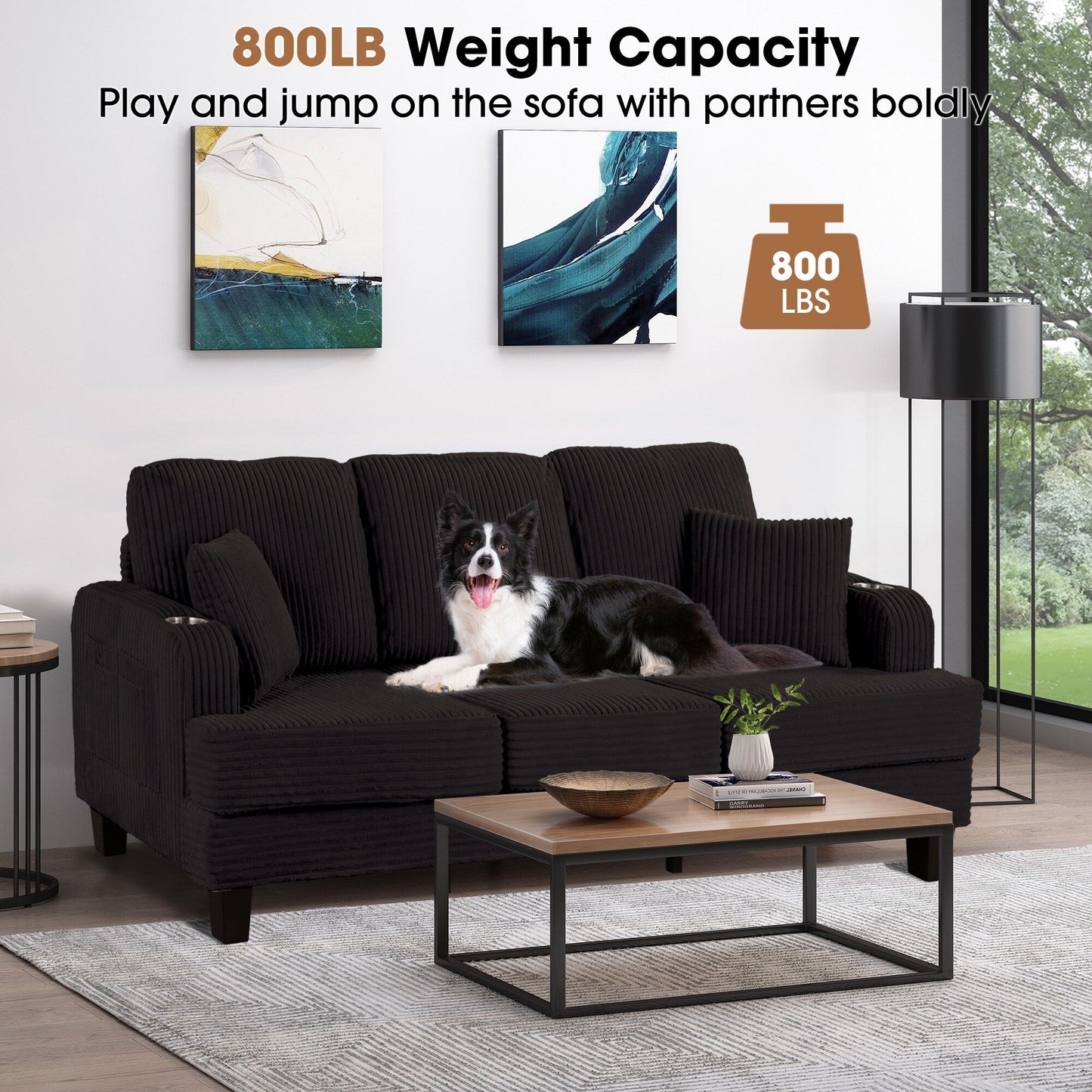 85 Modern Corduroy Rectangle 3-seater Sofa with USB and 2 Pillows