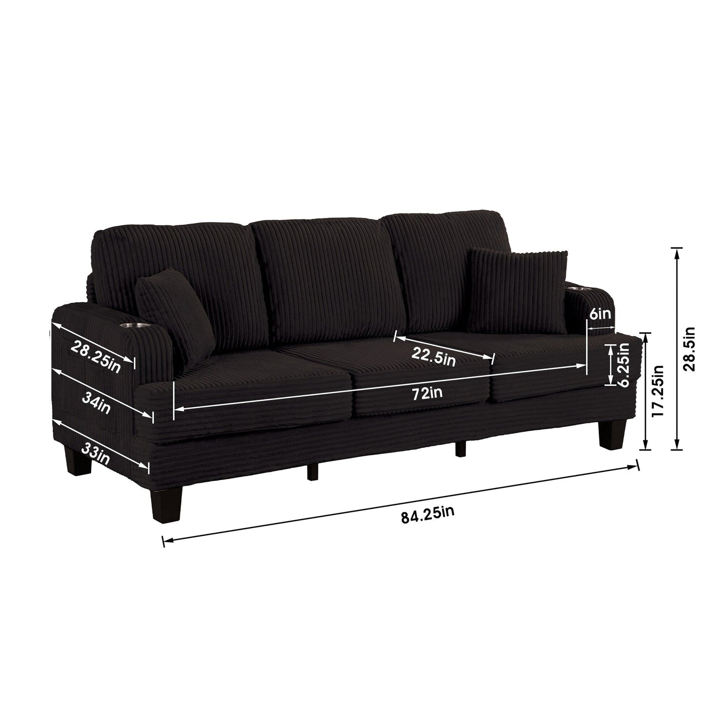 85 Modern Corduroy Rectangle 3-seater Sofa with USB and 2 Pillows