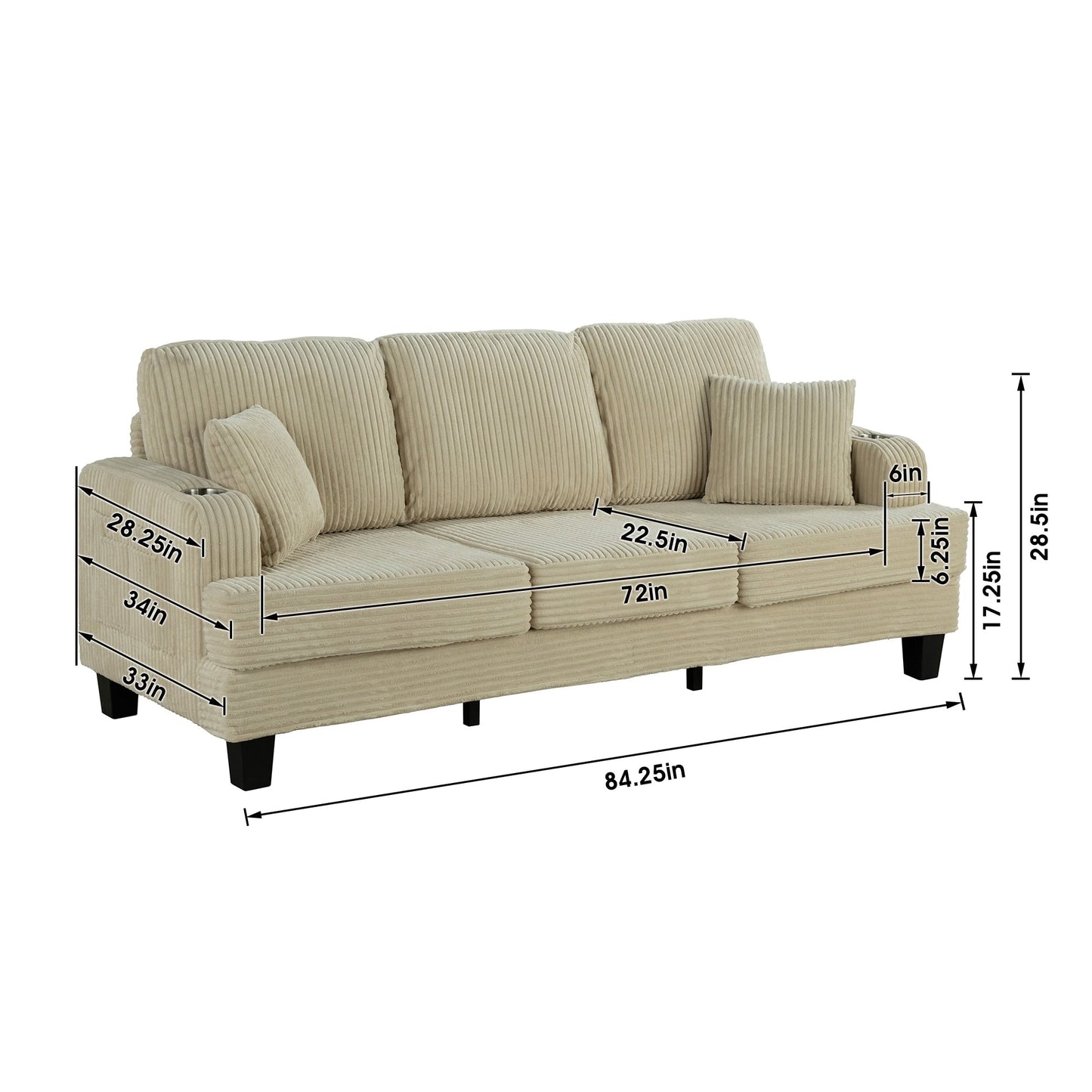 85 Modern Corduroy Rectangle 3-seater Sofa with USB and 2 Pillows