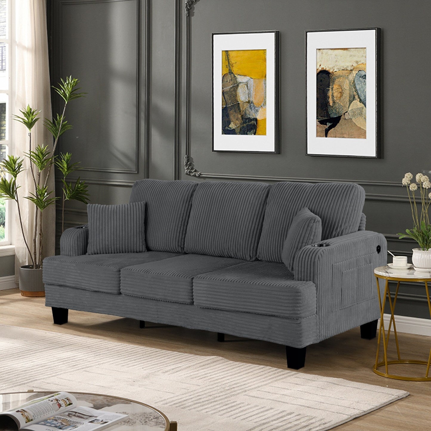 85 Modern Corduroy Rectangle 3-seater Sofa with USB and 2 Pillows