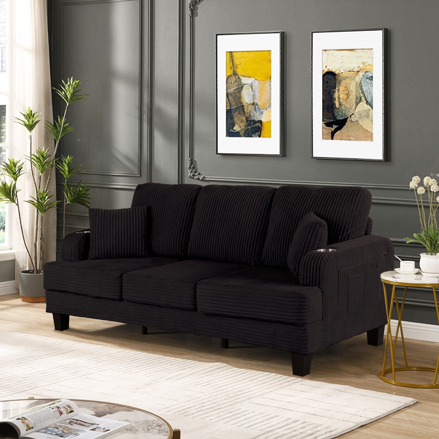 85 Modern Corduroy Rectangle 3-seater Sofa with USB and 2 Pillows