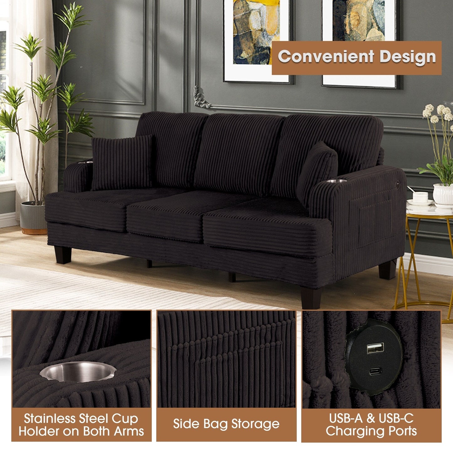 85 Modern Corduroy Rectangle 3-seater Sofa with USB and 2 Pillows