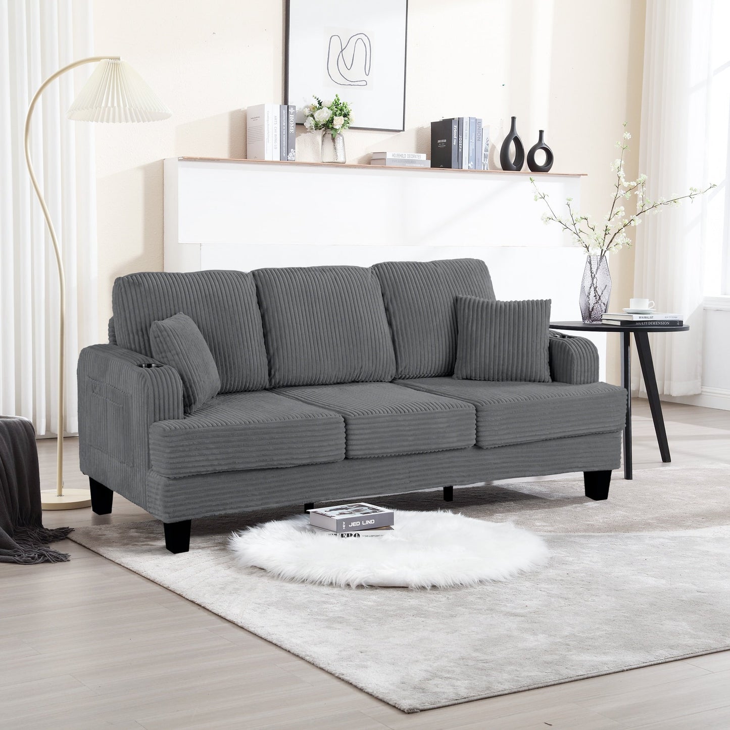 85 Modern Corduroy Rectangle 3-seater Sofa with USB and 2 Pillows