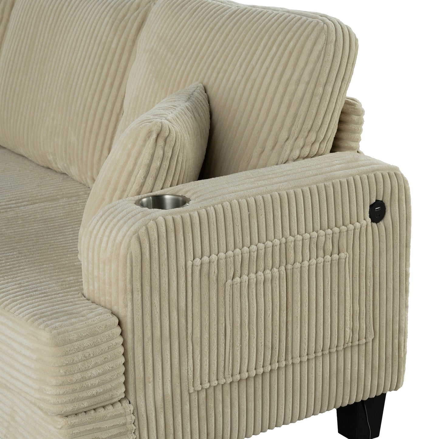 85 Modern Corduroy Rectangle 3-seater Sofa with USB and 2 Pillows