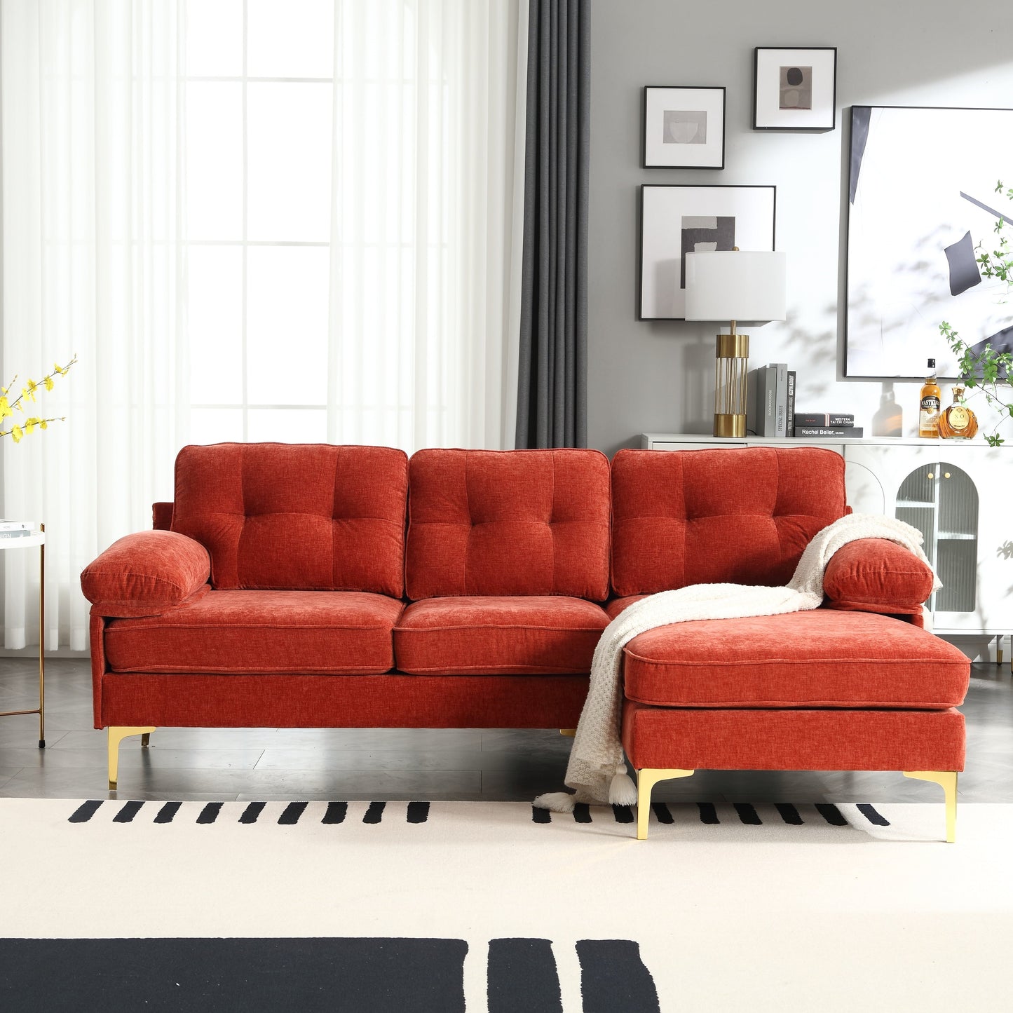 85'' L-Shaped 3-Seater Sofa with Chaise and Spring Cushion