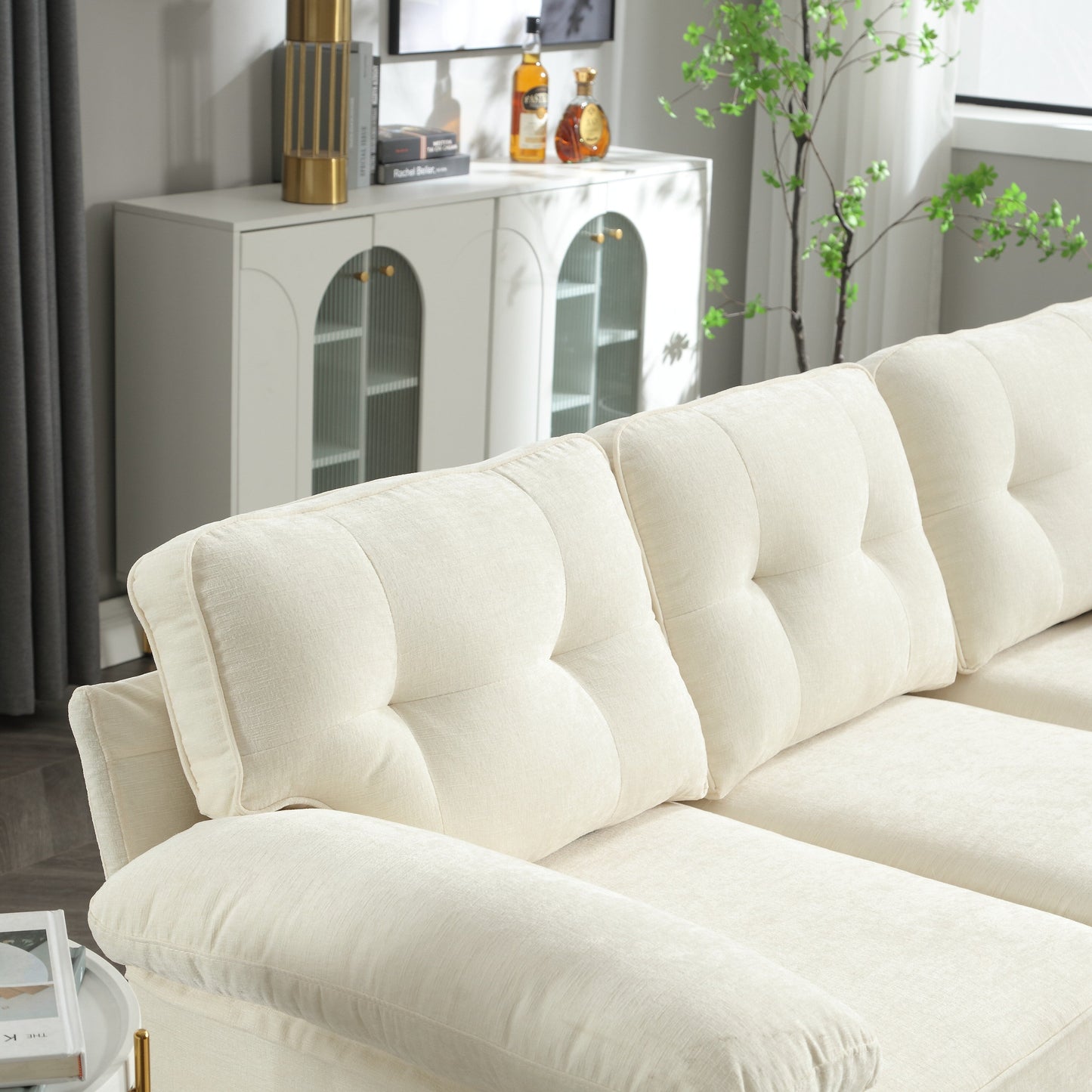 85'' L-Shaped Fabric 3-Seater Sofa with High-Quality Wood Frame, Spring Cushions, and Waist Pillows