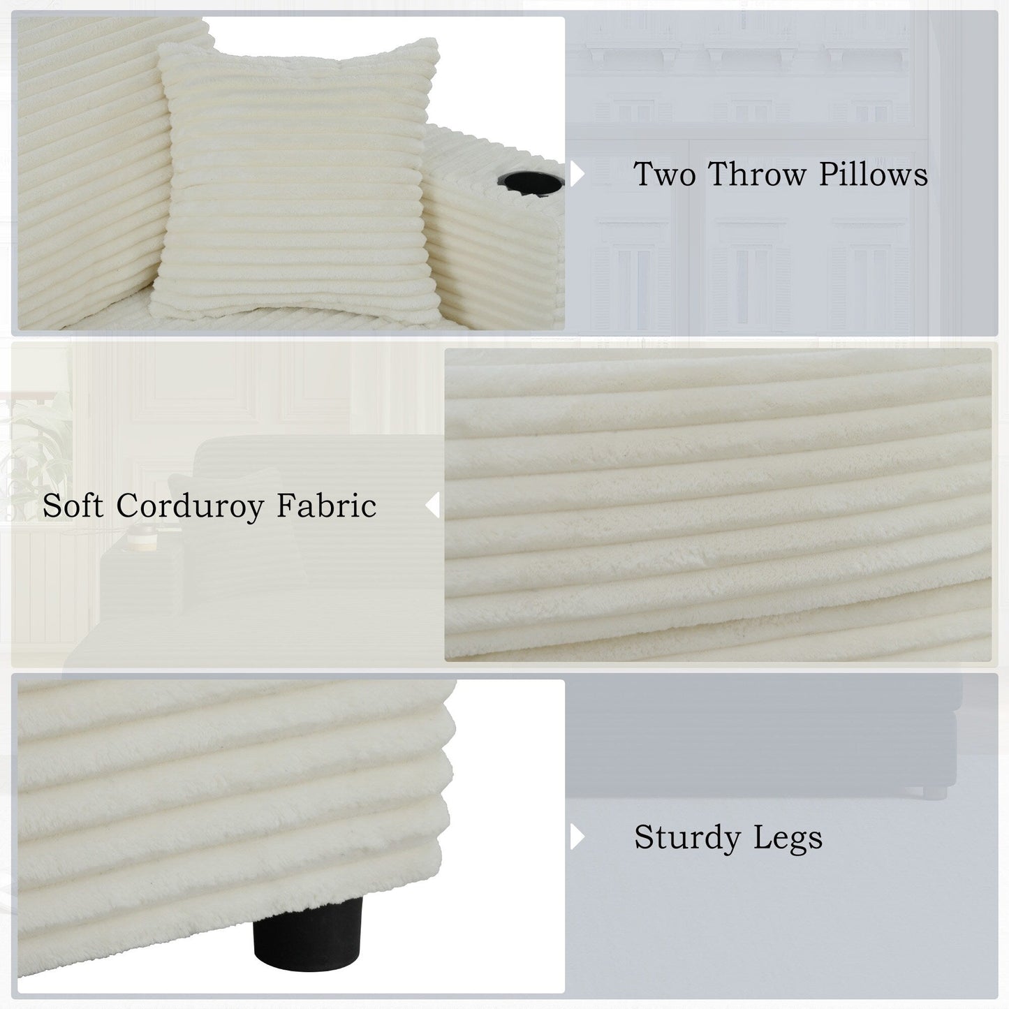 86.5 Corduroy Chaise Lounge Sofa with 2 USB Ports, Cup Holders, and 550lb Capacity