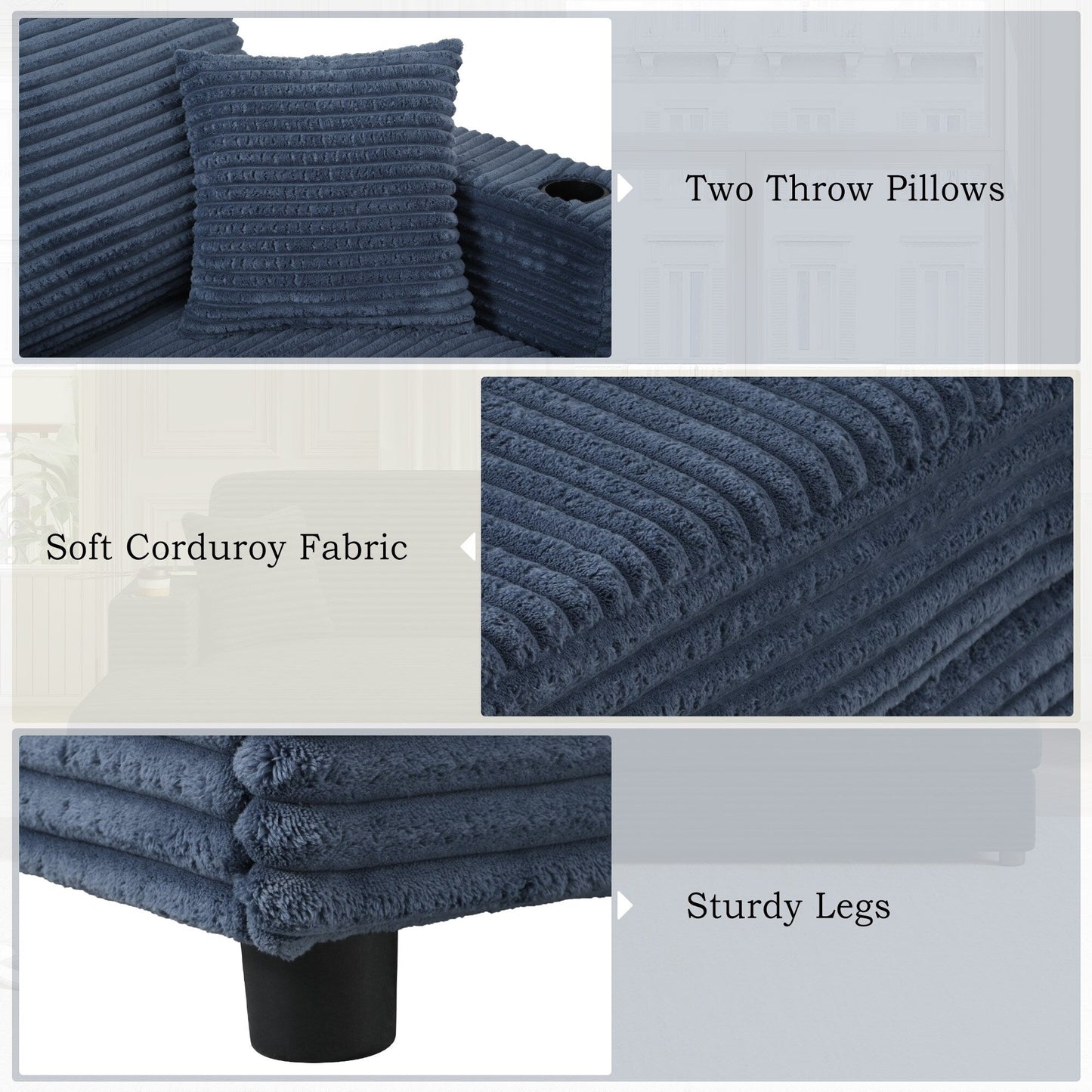 86.5 Corduroy Chaise Lounge Sofa with 2 USB Ports, Cup Holders, and 550lb Capacity