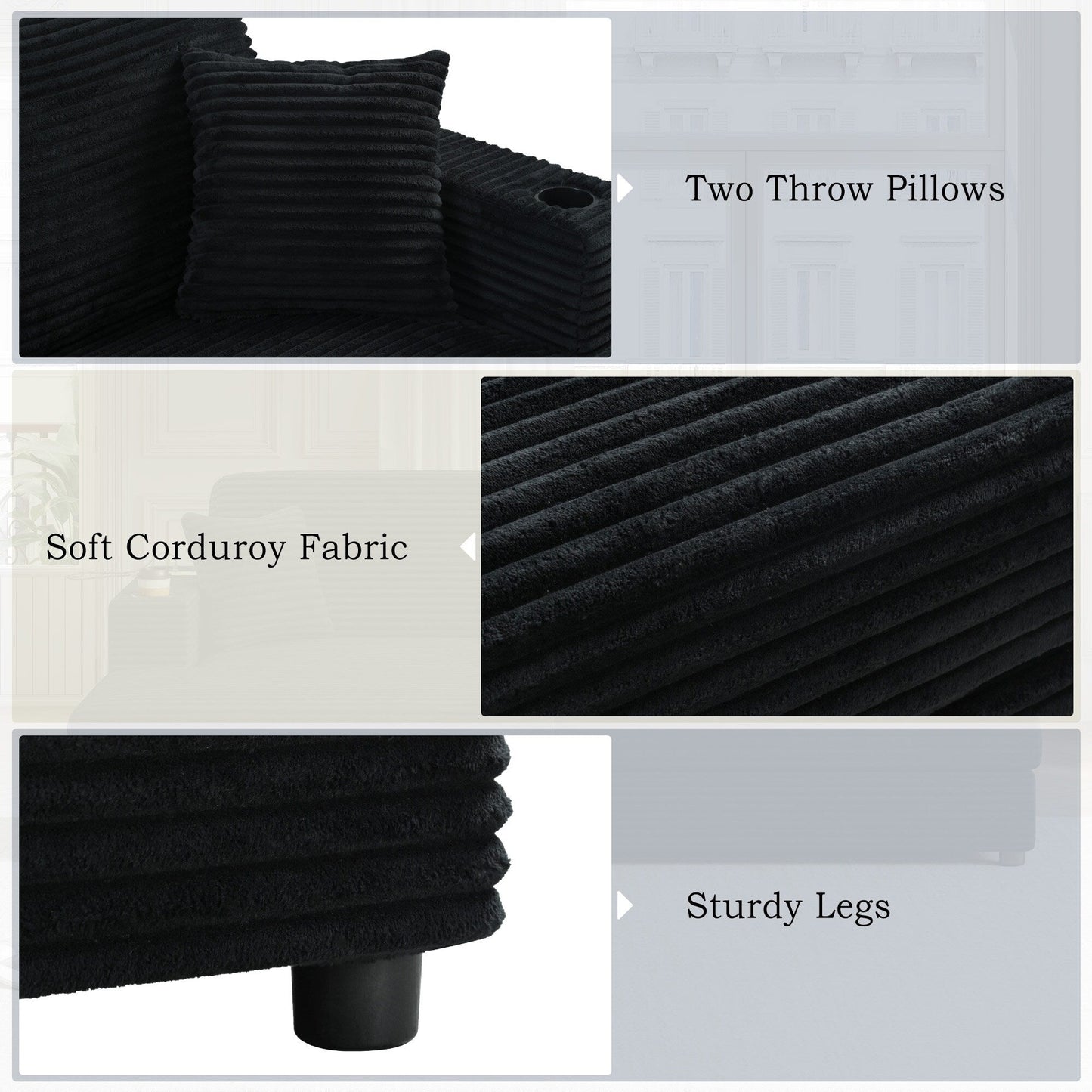 86.5 Corduroy Chaise Lounge Sofa with 2 USB Ports, Cup Holders, and 550lb Capacity