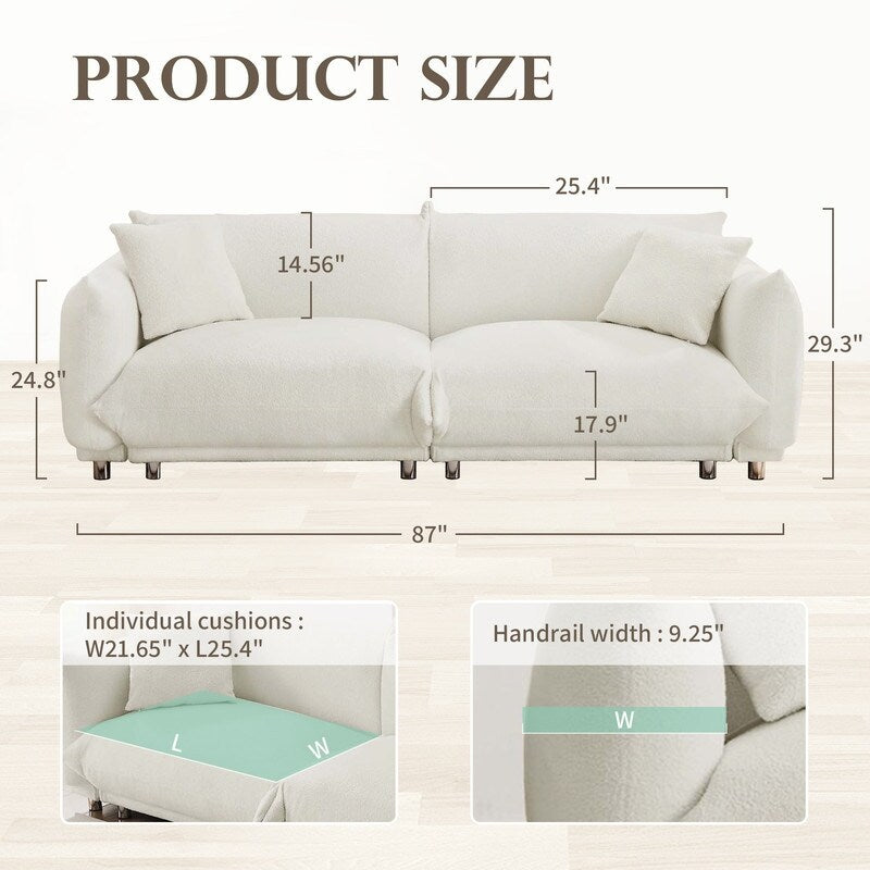 86.5 Teddy Velvet Large Bread Sofa With Pillows White