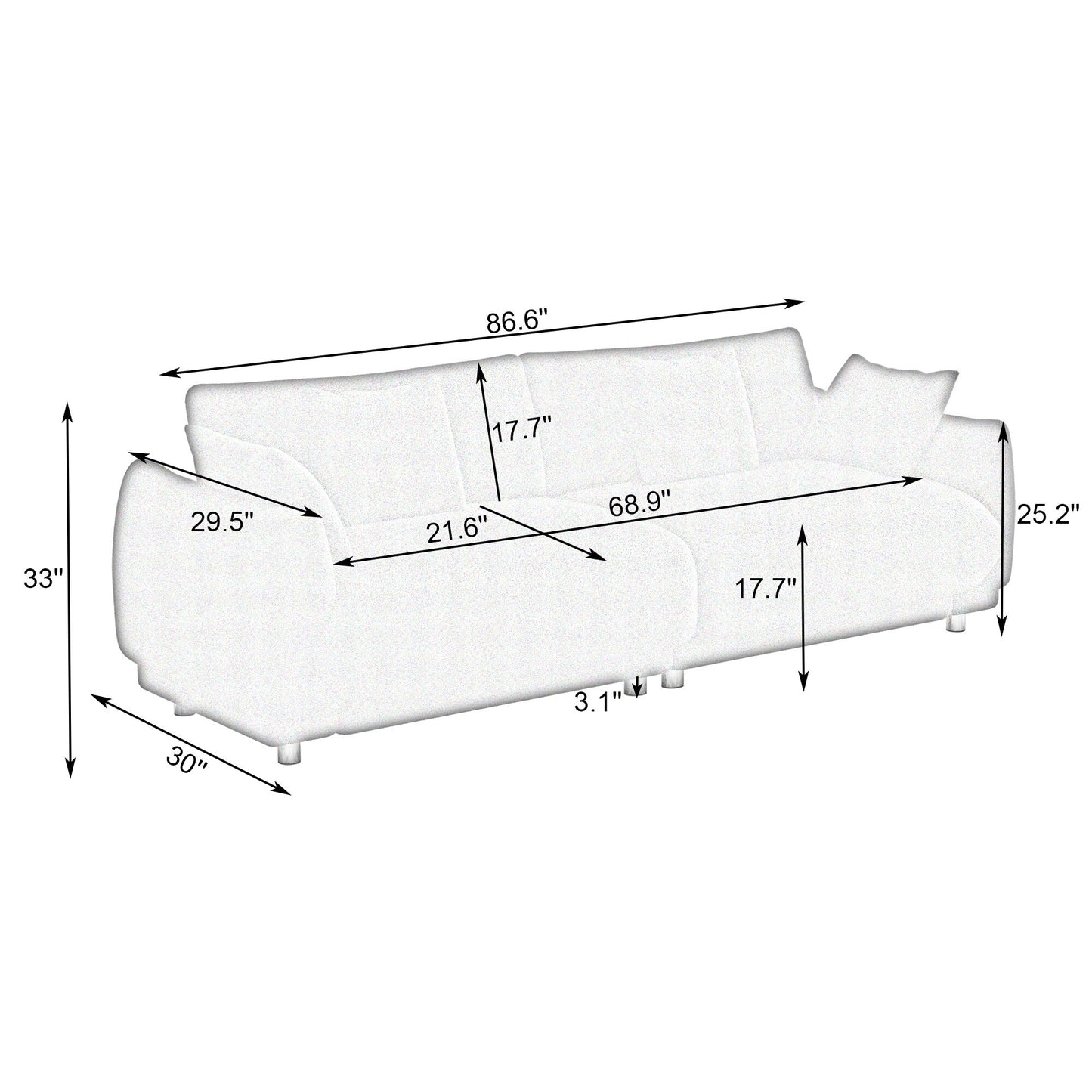 86.6 Fabric 3-Seat Sofa with Removable Stain-Resistant Covers and Medium-Density Foam