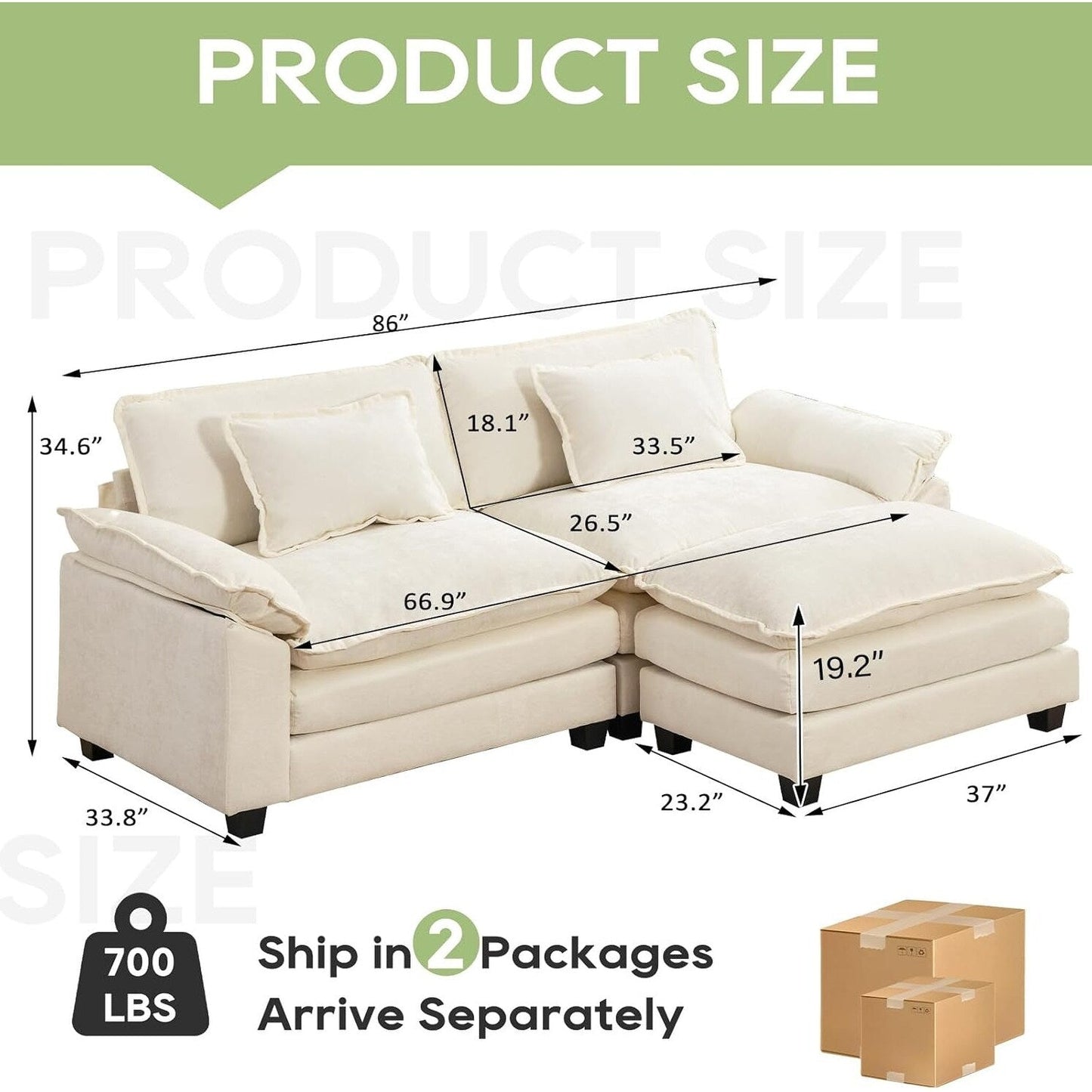 86 Cloud Sectional Sofa - L-Shape Chenille Couch with Ottoman & Pillows, Deep Seat Sleeper (Beige White)