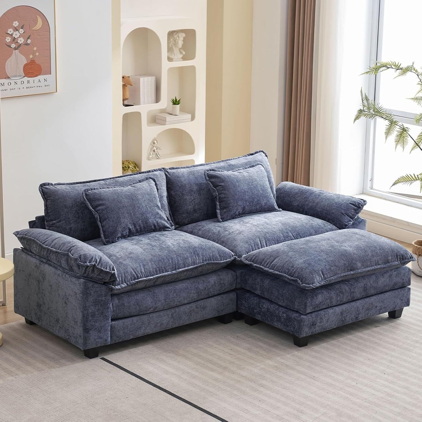 86 Cloud Sectional Sofa - L-Shape Chenille Couch with Ottoman & Pillows, Deep Seat Sleeper (Beige White)