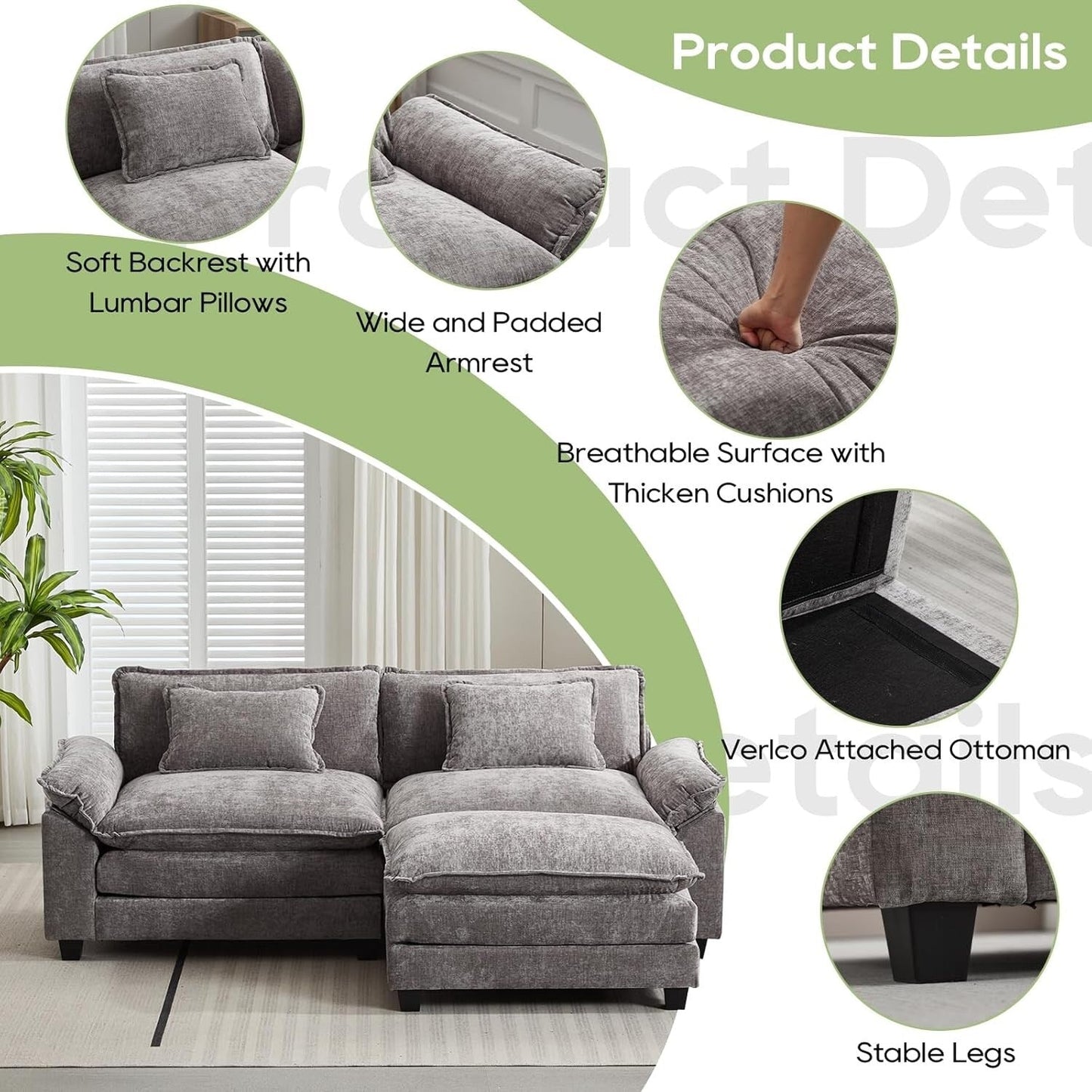 86 Cloud Sectional Sofa - L-Shape Chenille Couch with Ottoman & Pillows, Deep Seat Sleeper (Beige White)
