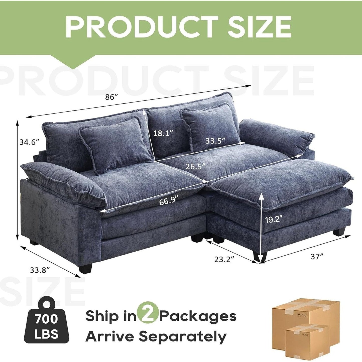 86 Cloud Sectional Sofa - L-Shape Chenille Couch with Ottoman & Pillows, Deep Seat Sleeper (Beige White)