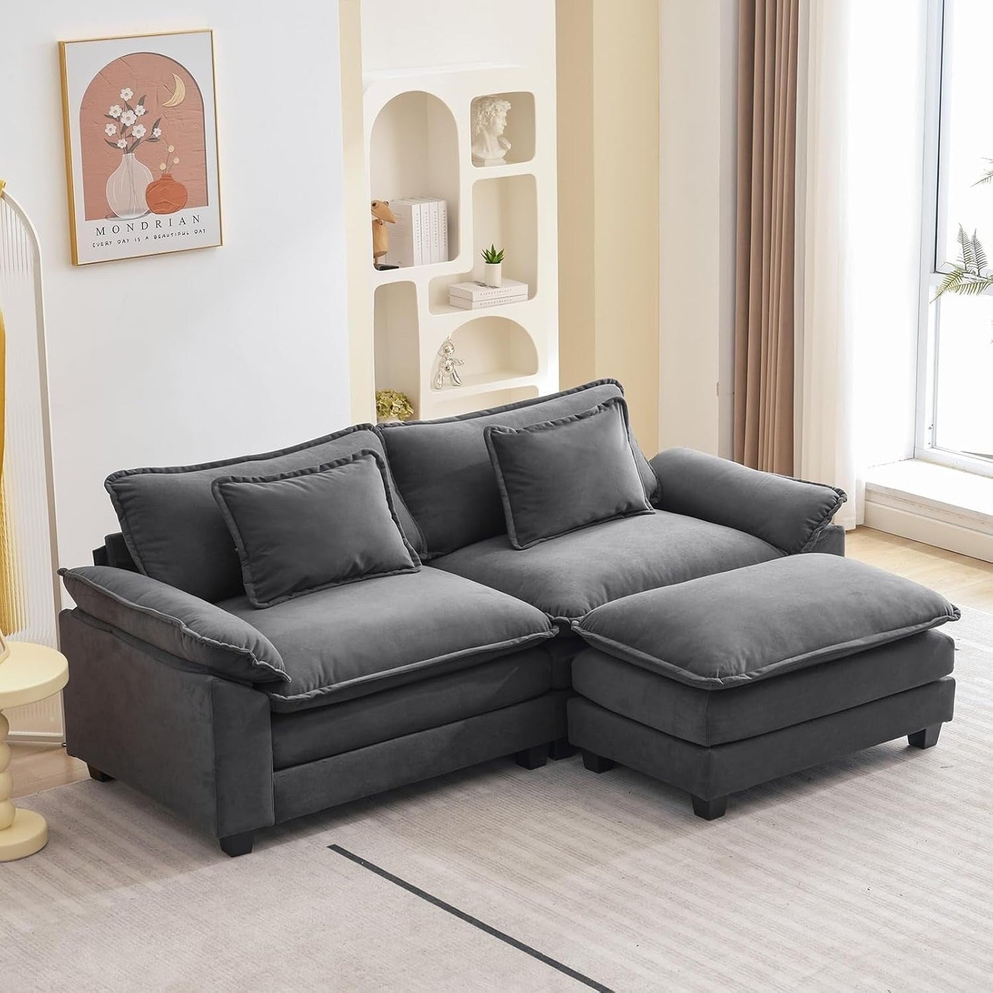 86 Cloud Sectional Sofa - L-Shape Chenille Couch with Ottoman & Pillows, Deep Seat Sleeper (Beige White)