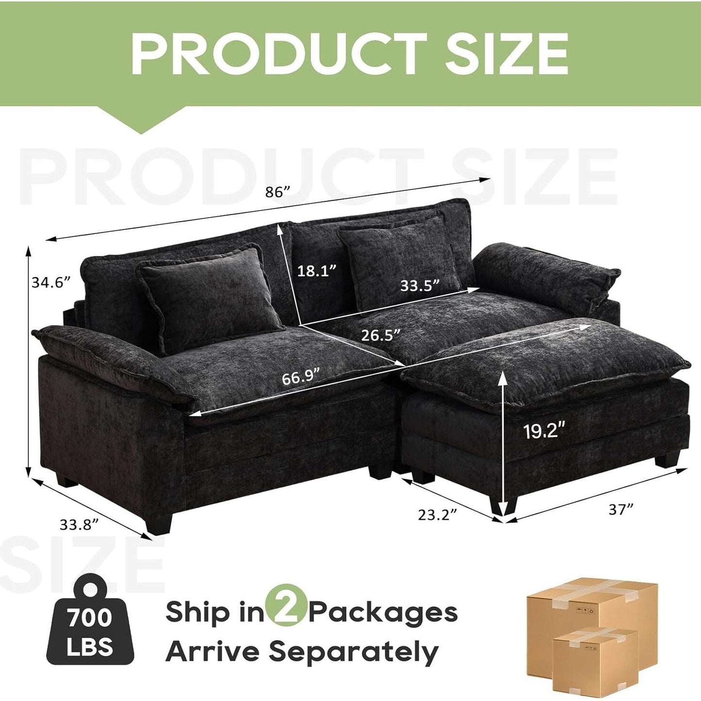 86 Cloud Sectional Sofa - L-Shape Chenille Couch with Ottoman & Pillows, Deep Seat Sleeper (Beige White)
