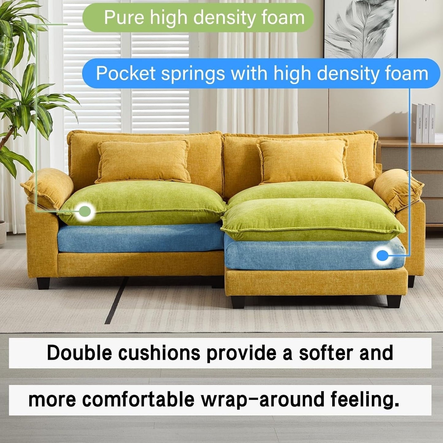 86 Cloud Sectional Sofa - L-Shape Chenille Couch with Ottoman & Pillows, Deep Seat Sleeper (Beige White)
